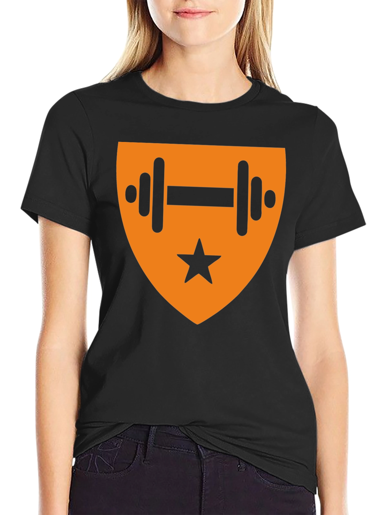 Black T-Shirt with Orange Fitness Emblem