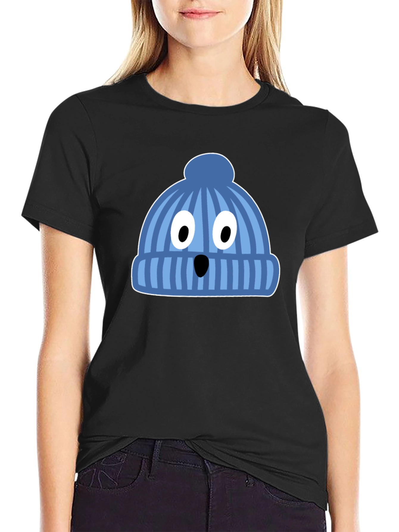 Funny Knit Hat Face Black T-Shirt
