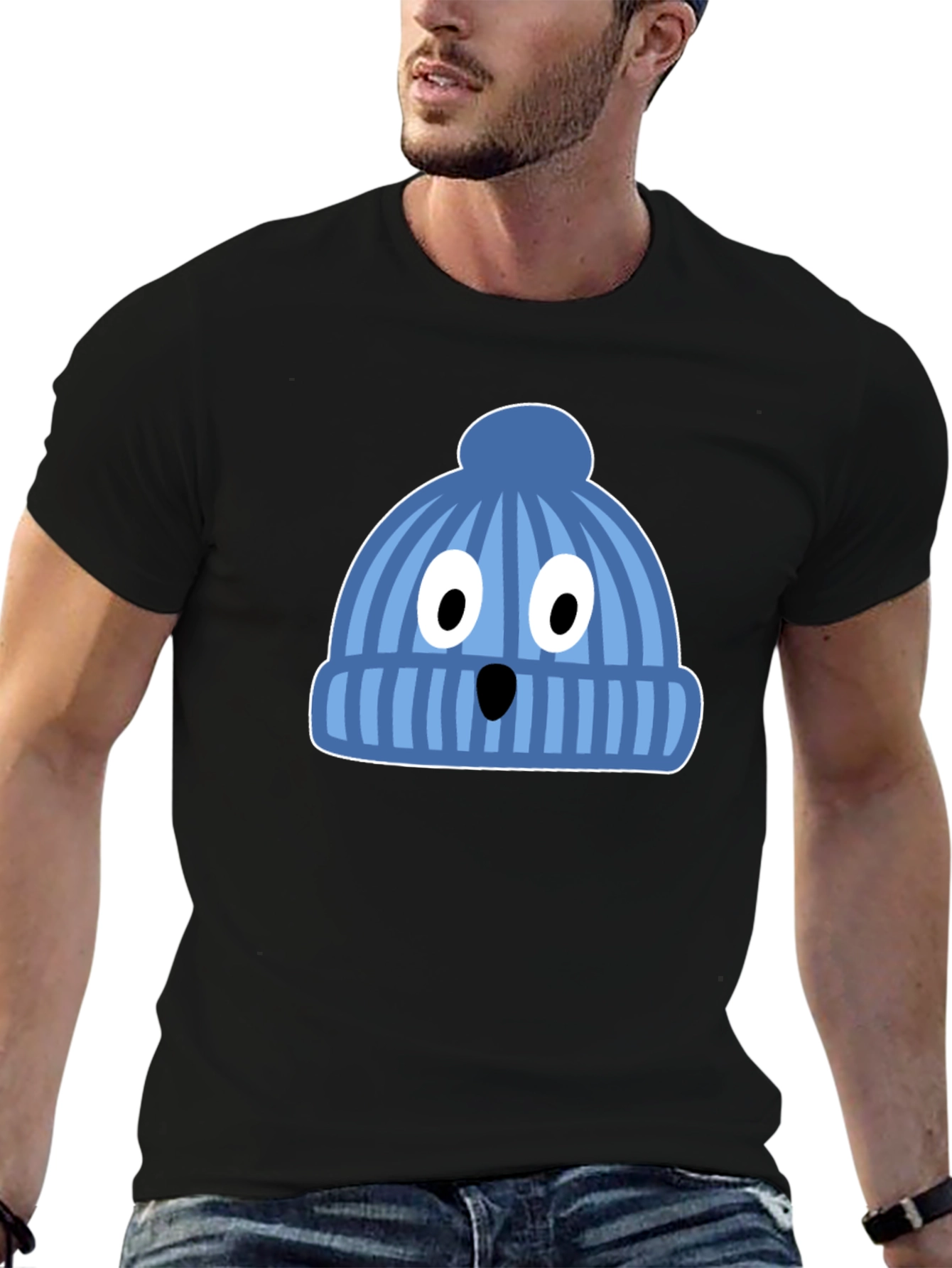 Funny Knit Hat Face Black T-Shirt
