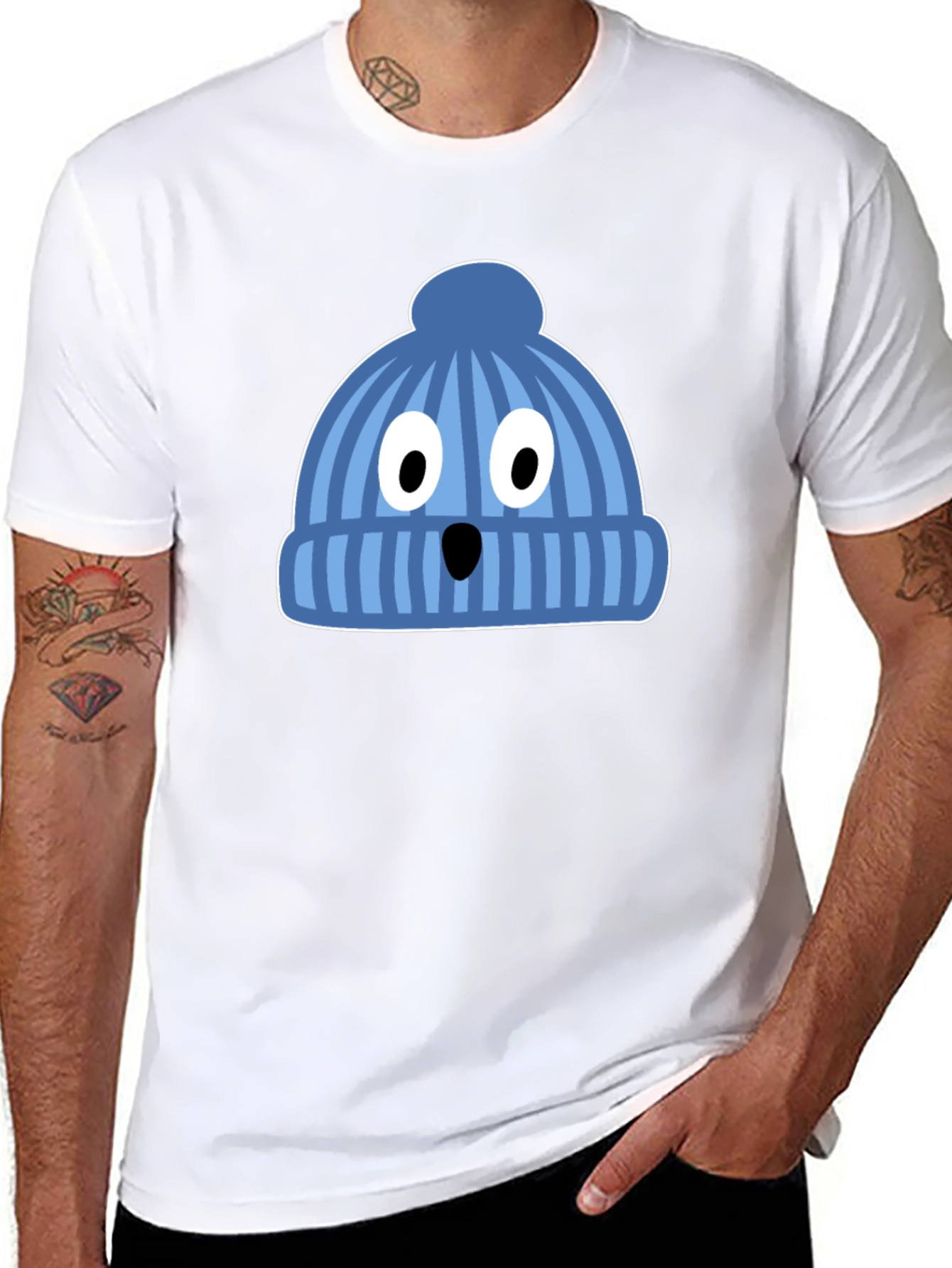 Funny Knit Hat Face Black T-Shirt