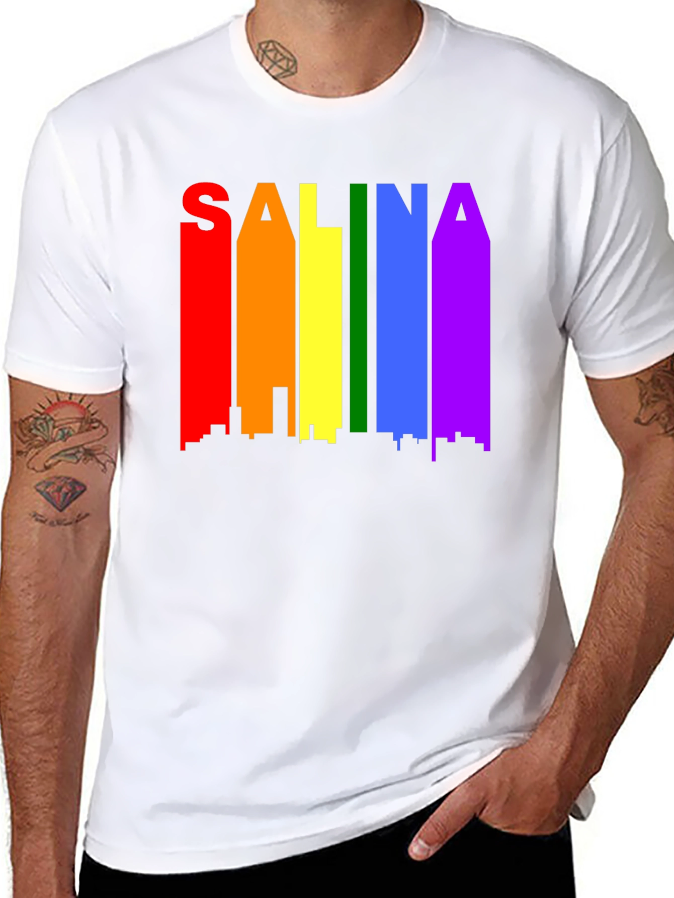 Salina Pride T-Shirt: Rainbow Skyline Graphic Tee