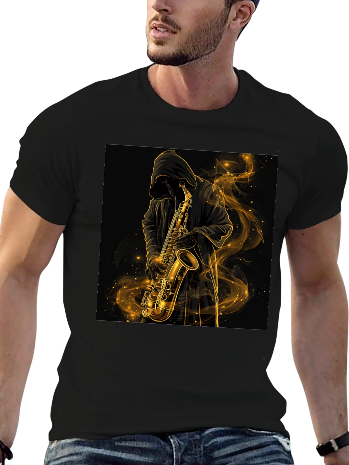 Saxophone Player Graphic Tee - Black Cotton T-Shirt