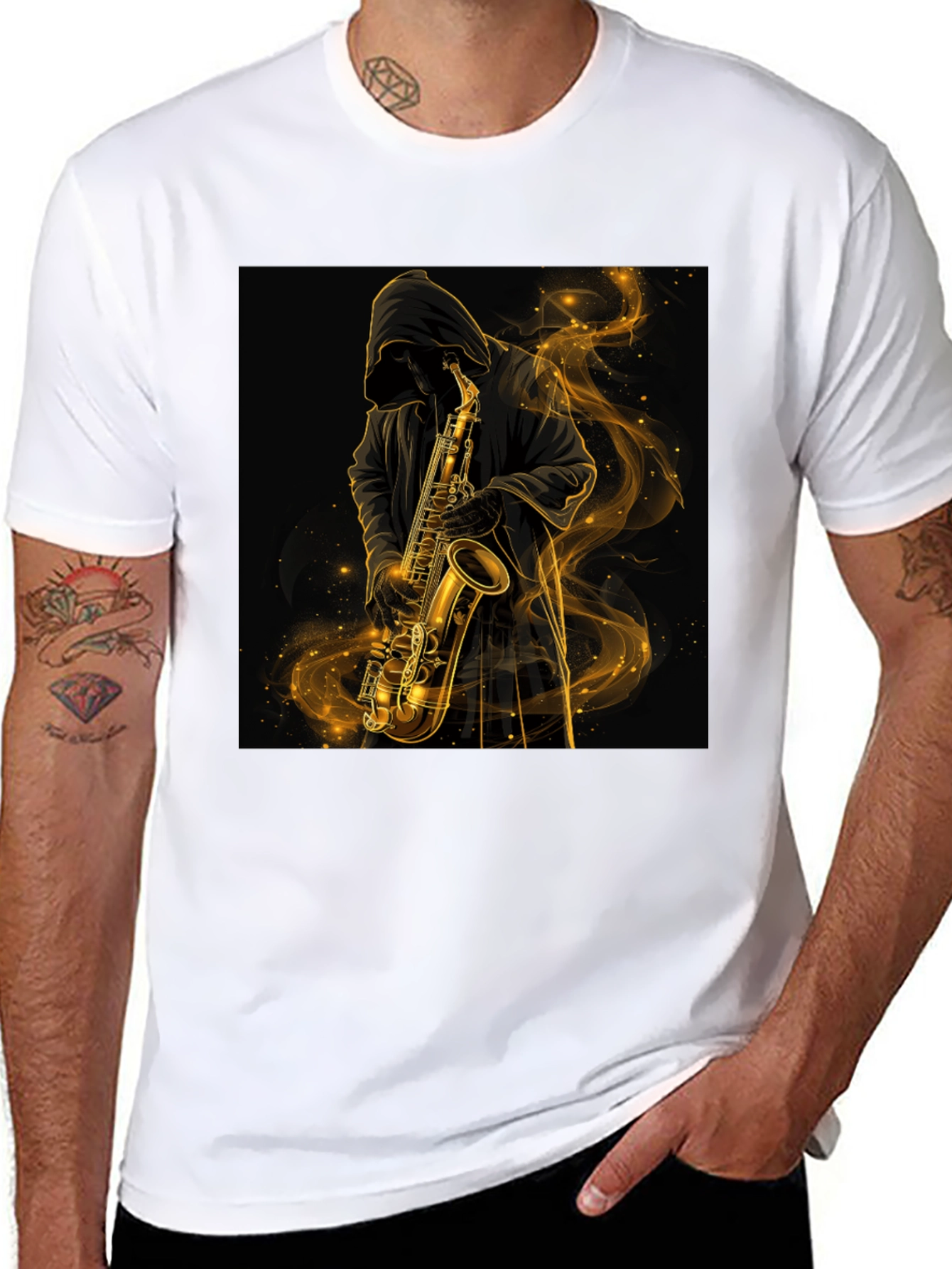 Saxophone Player Graphic Tee - Black Cotton T-Shirt