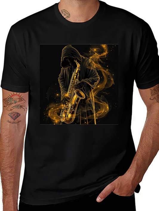 Saxophone Player Graphic Tee - Black Cotton T-Shirt