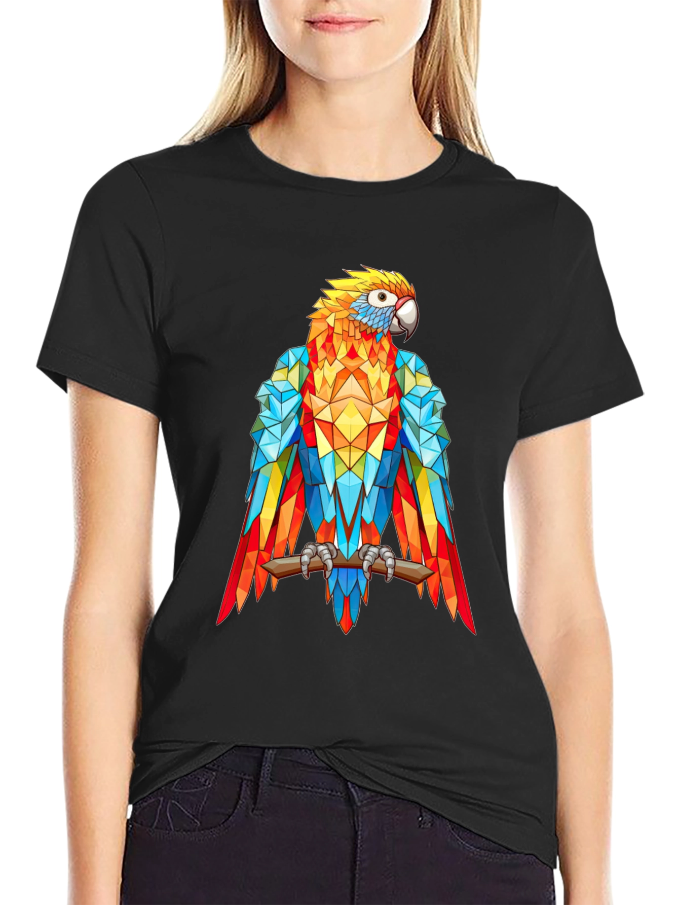 Geometric Parrot Graphic Print T-Shirt - Black
