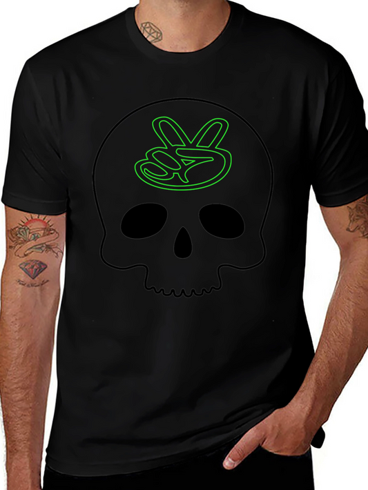 Skull Peace Sign Graphic Tee - Black Cotton Casual T-Shirt