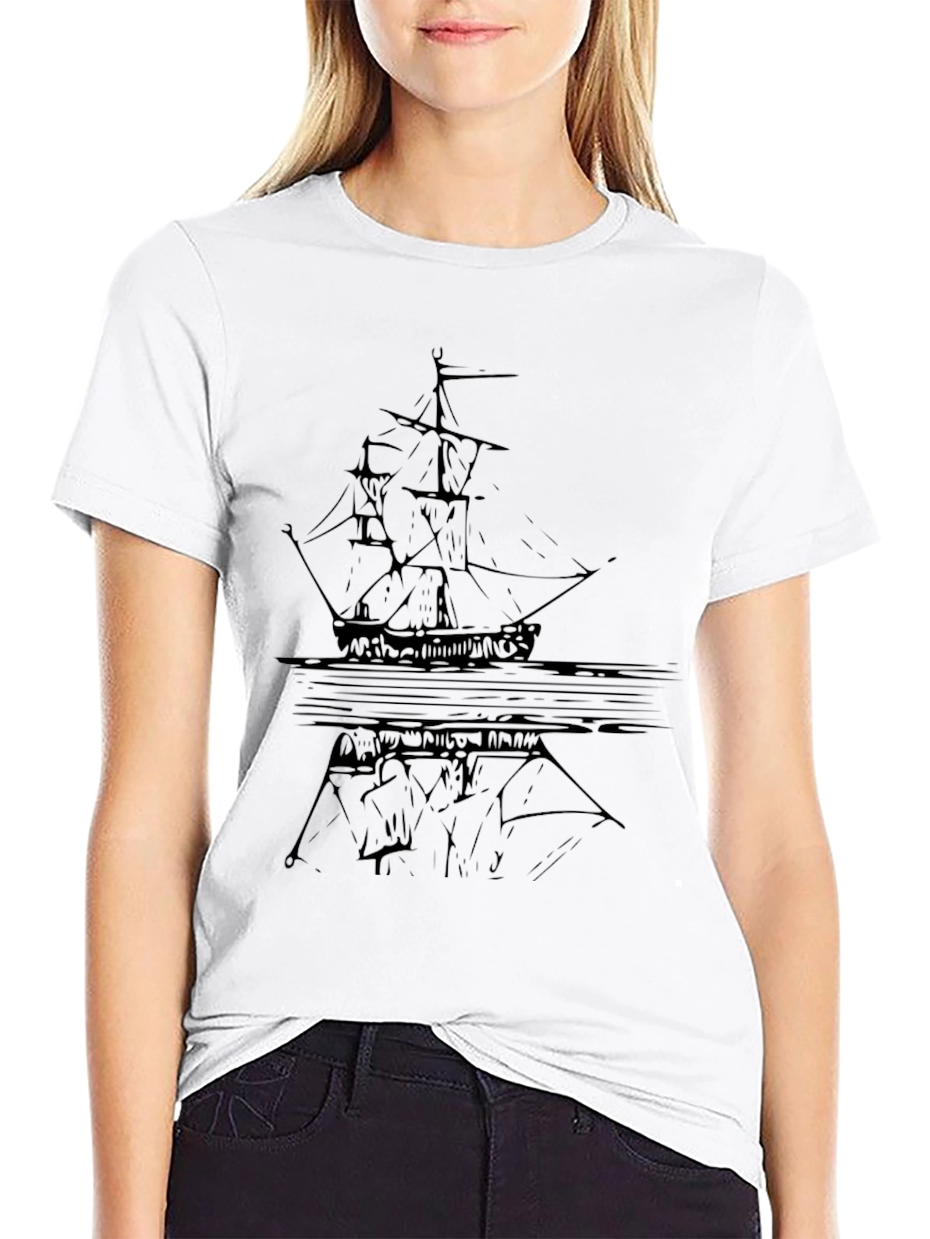 Black Graphic Tee - Ship Reflection