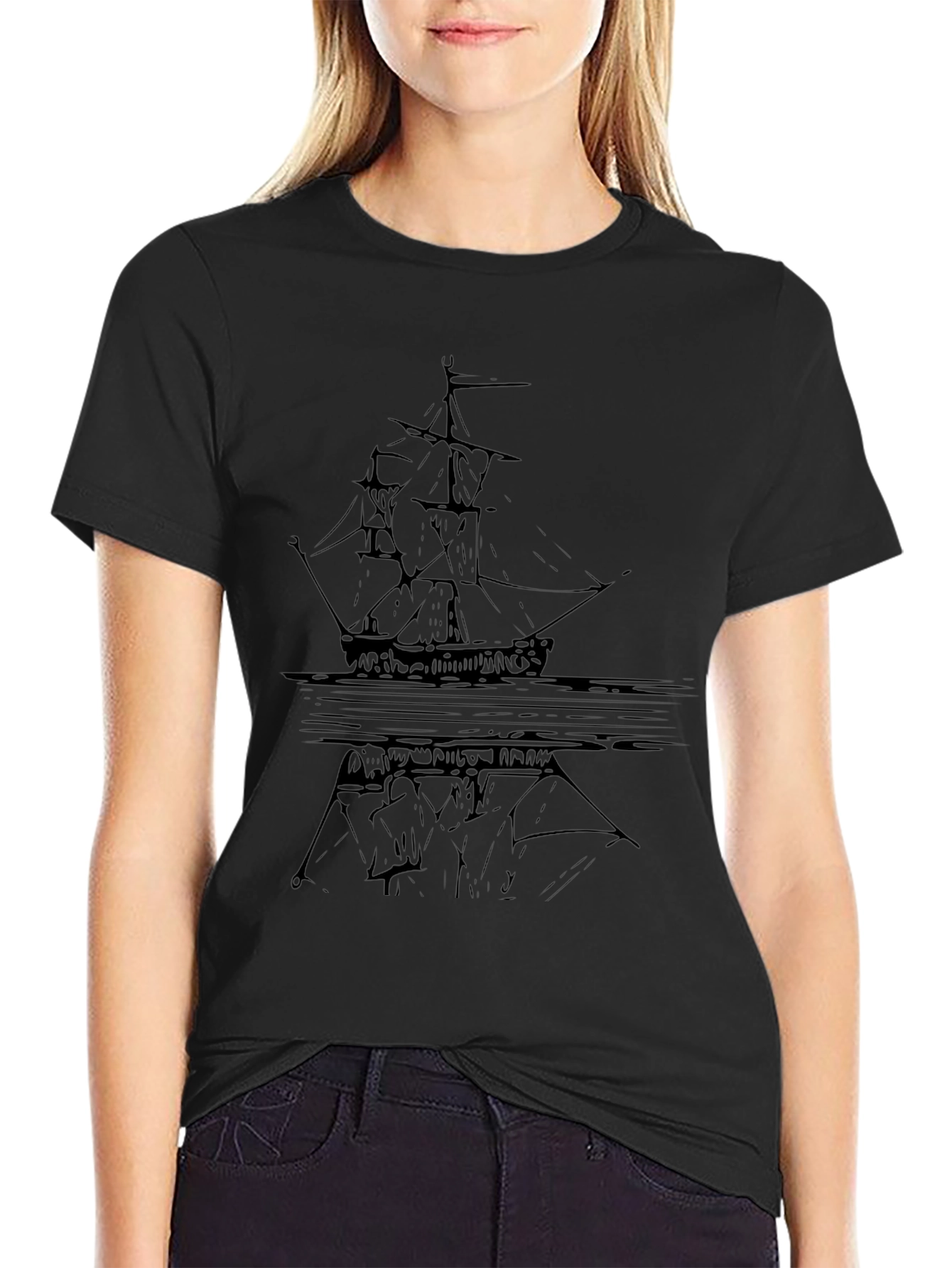Black Graphic Tee - Ship Reflection