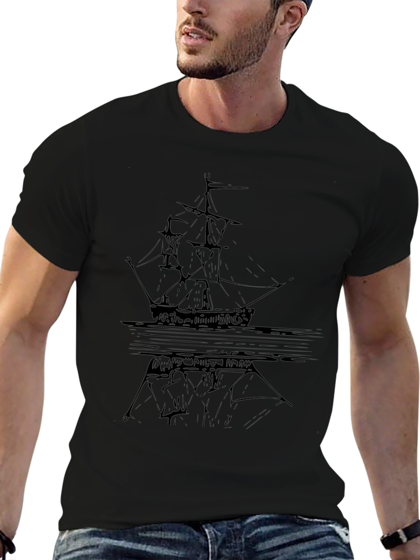 Black Graphic Tee - Ship Reflection