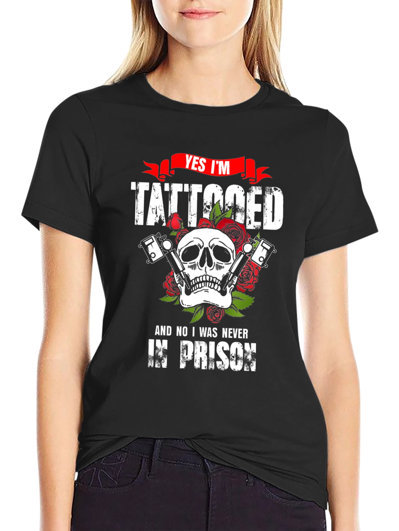 Tattooed Skull Graphic Tee - Biker Style T-Shirt