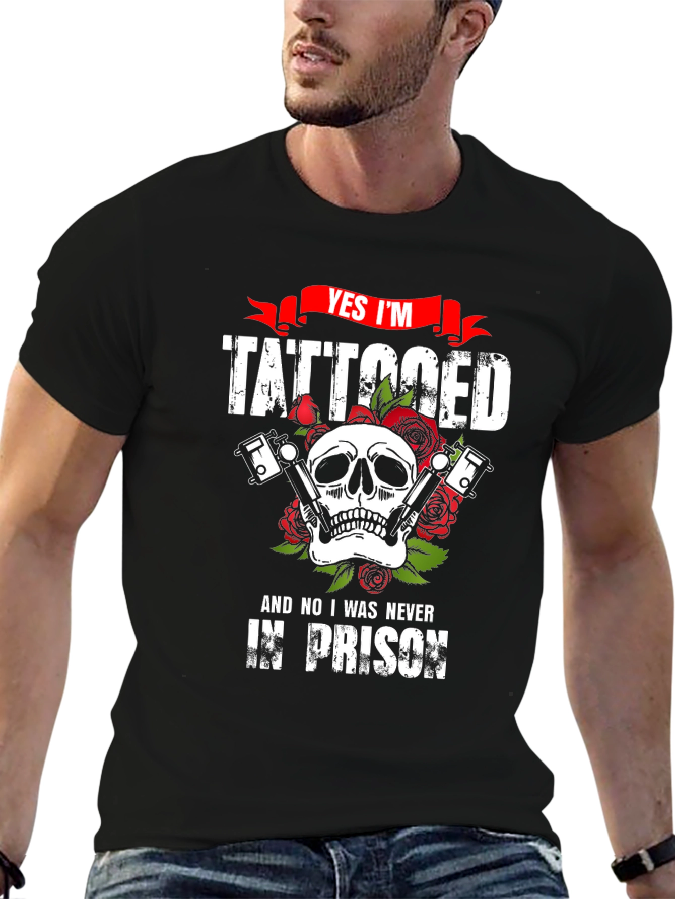 Tattooed Skull Graphic Tee - Biker Style T-Shirt