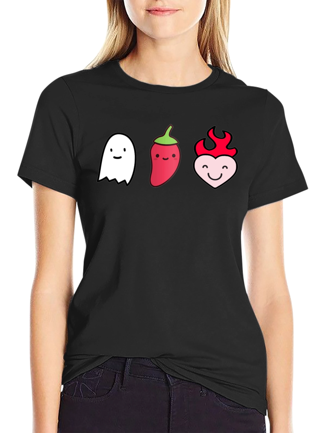 Cute Ghost Pepper Heart Graphic Black T-Shirt