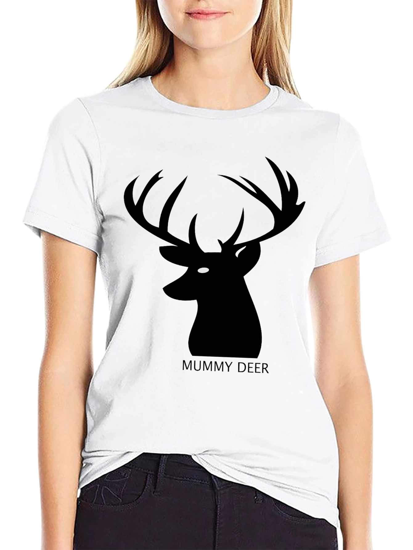 Mummy Deer Graphic T-Shirt - Black Casual Style
