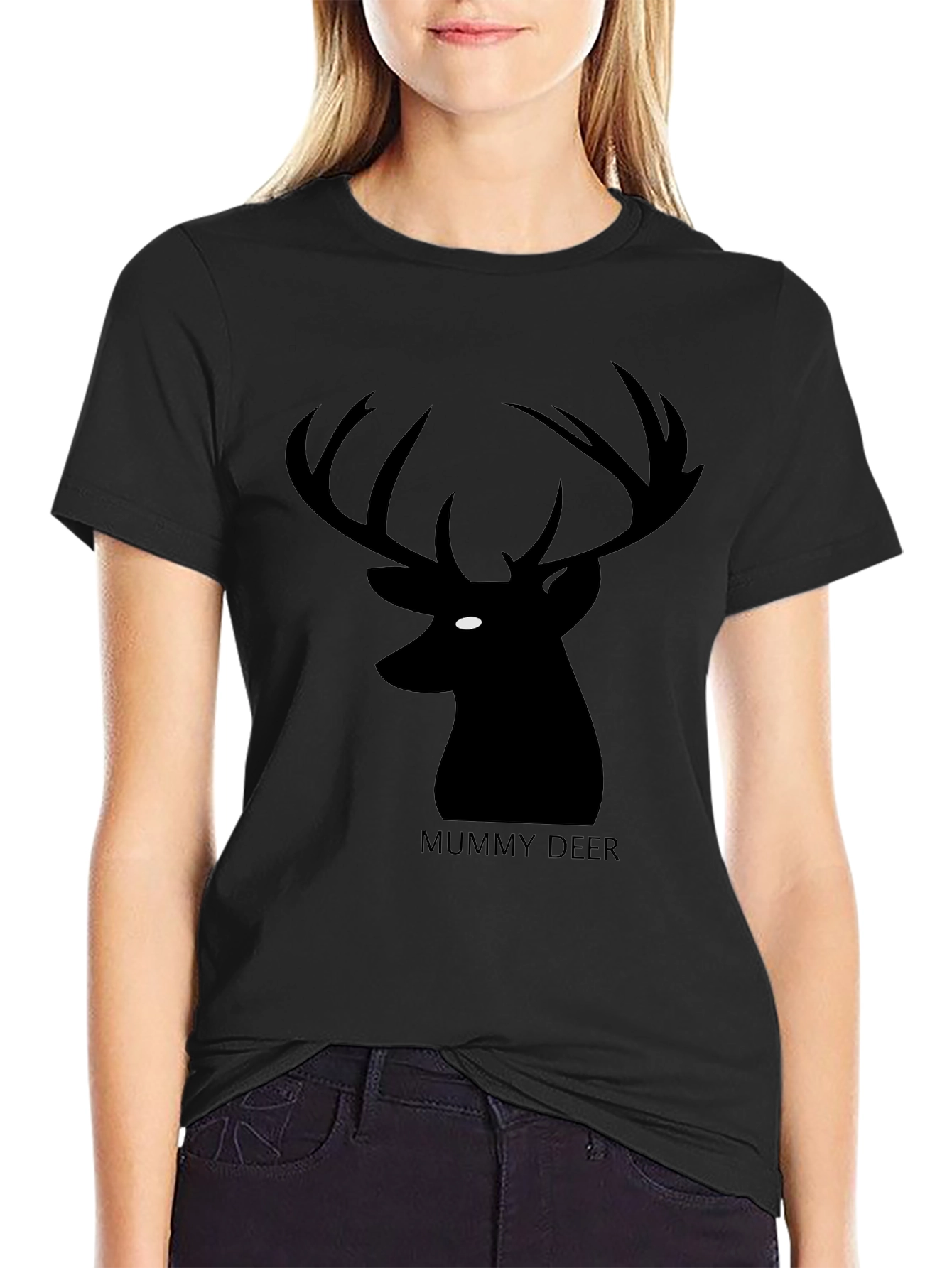 Mummy Deer Graphic T-Shirt - Black Casual Style