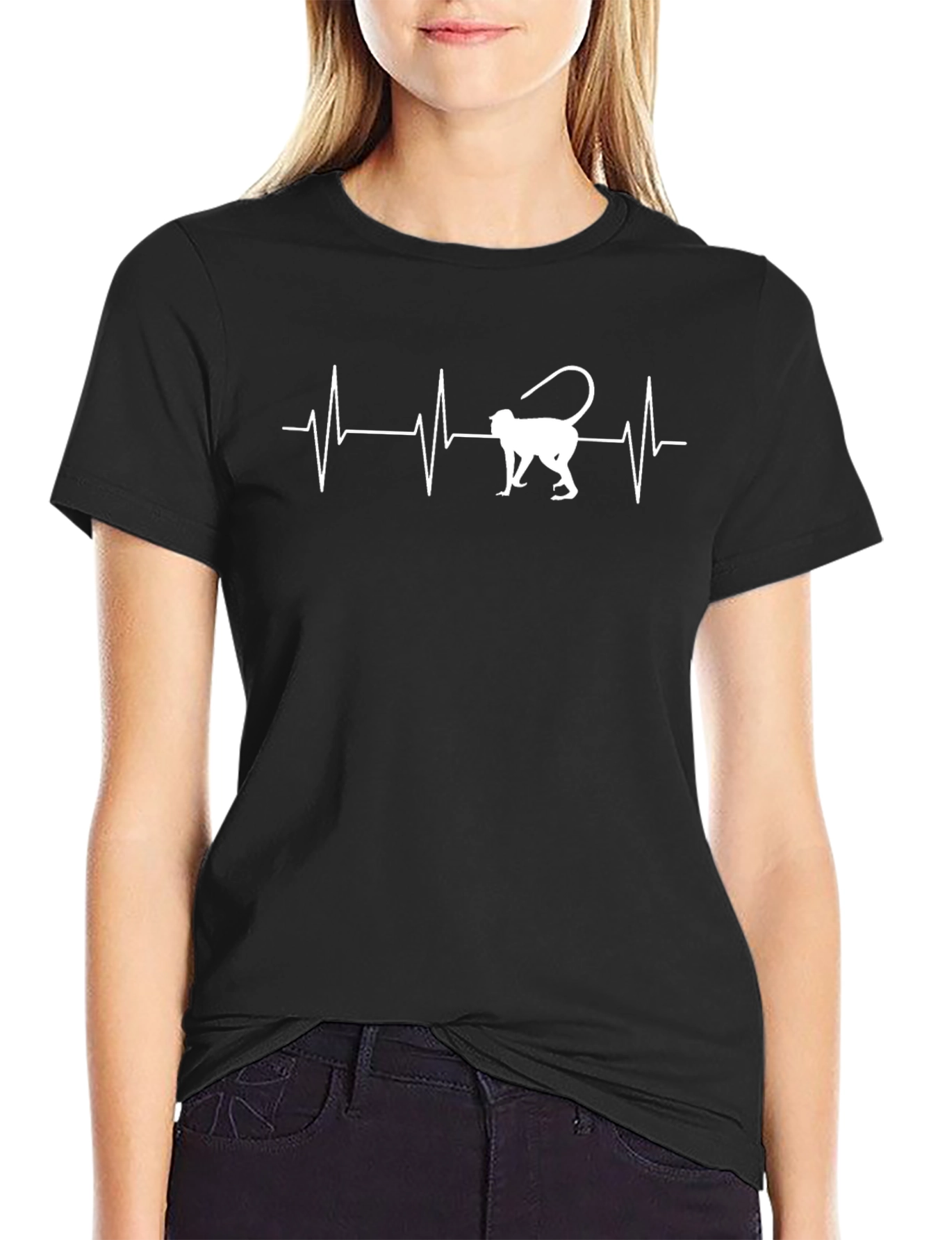 Monkey Heartbeat Graphic Tee - Casual Black T-Shirt
