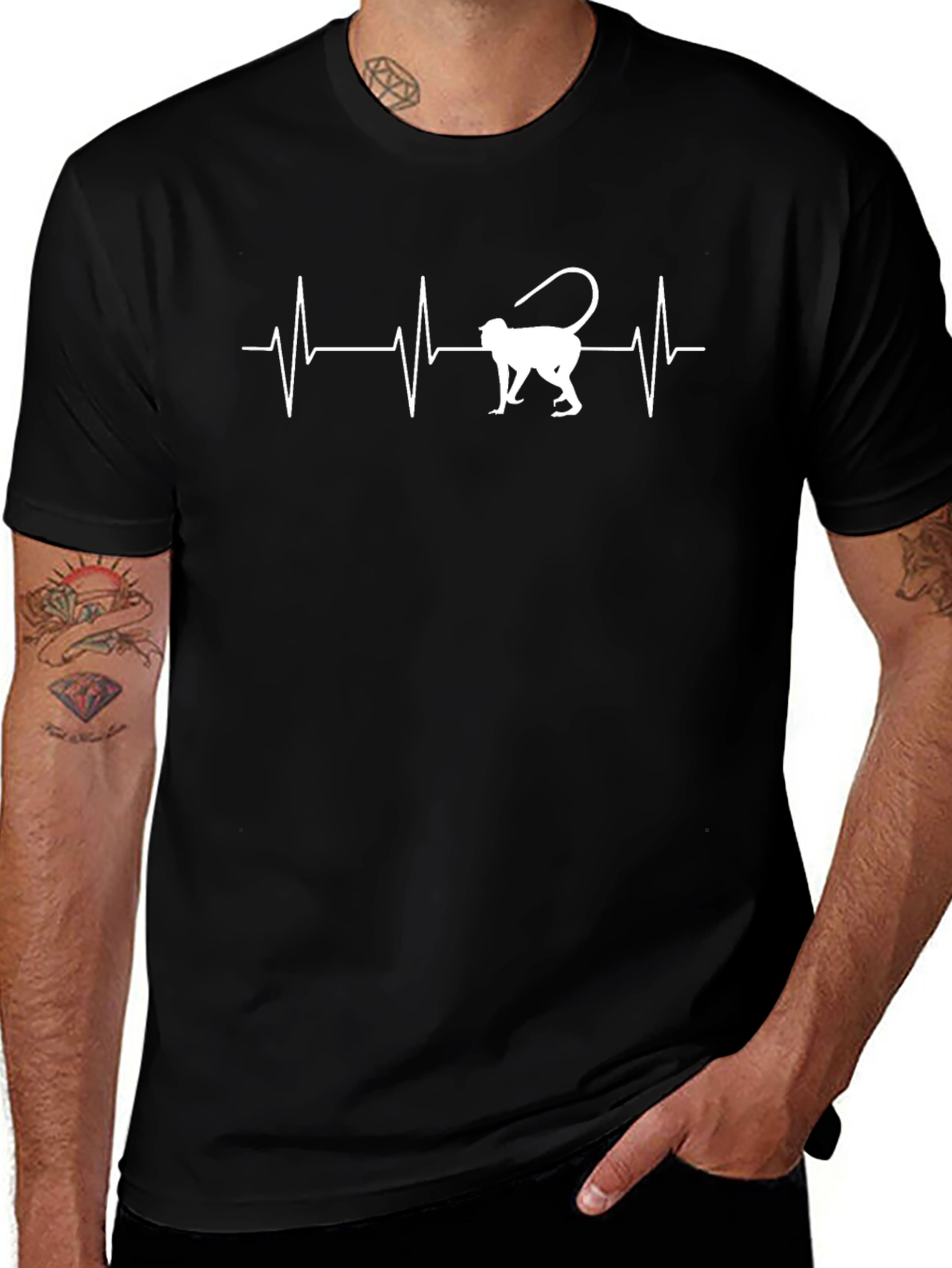 Monkey Heartbeat Graphic Tee - Casual Black T-Shirt