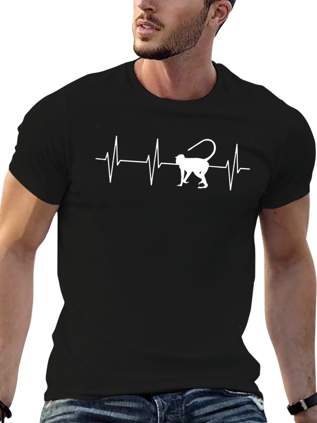 Monkey Heartbeat Graphic Tee - Casual Black T-Shirt