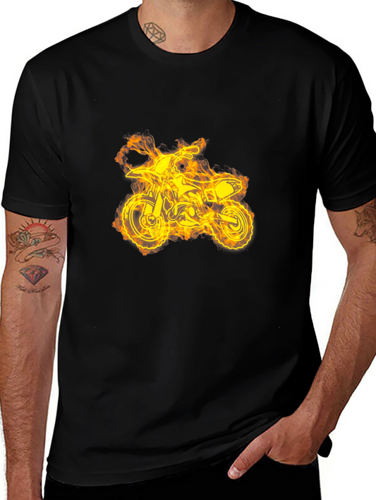 Fiery Dirt Bike Graphic Tee - Black Cotton T-Shirt