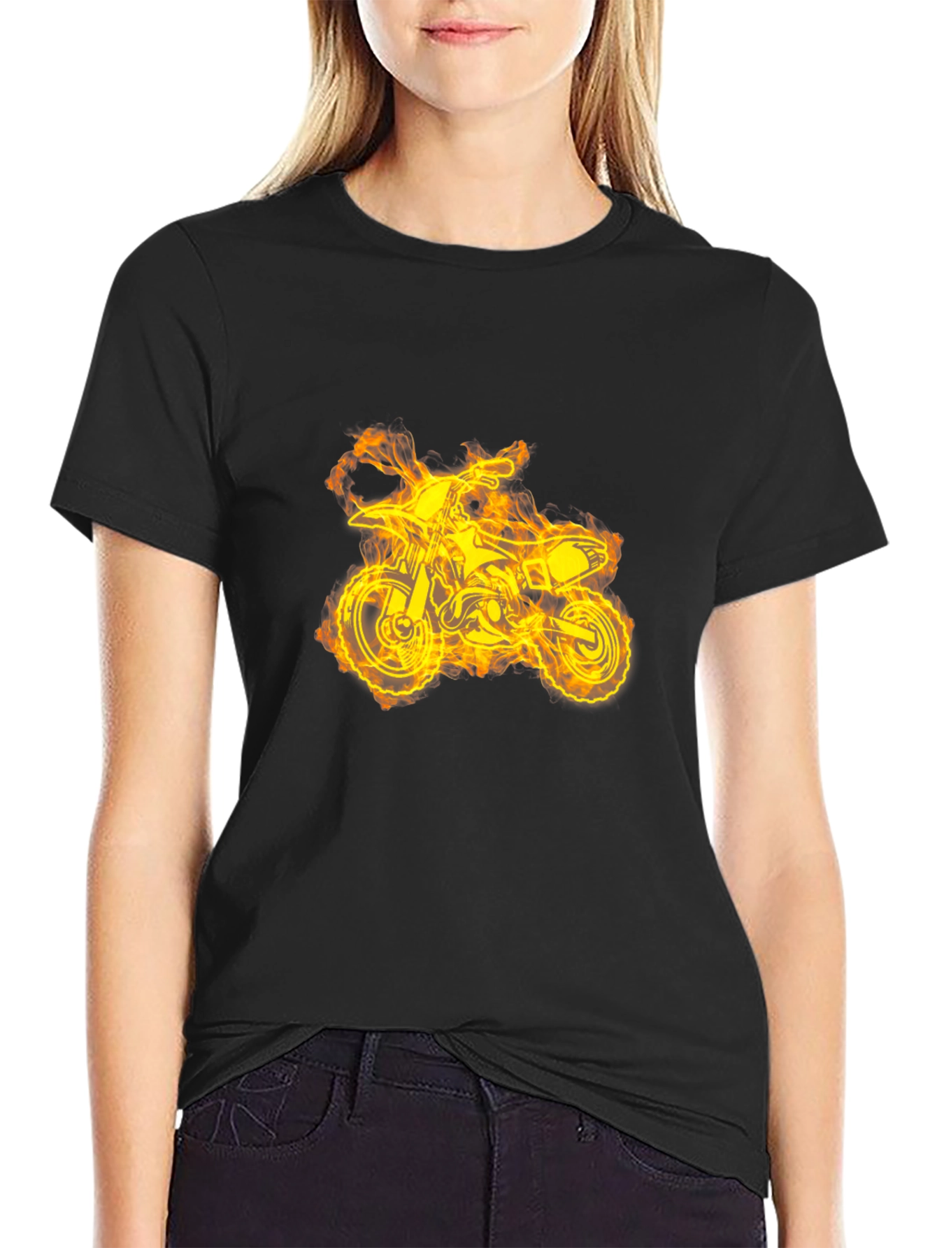 Fiery Dirt Bike Graphic Tee - Black Cotton T-Shirt
