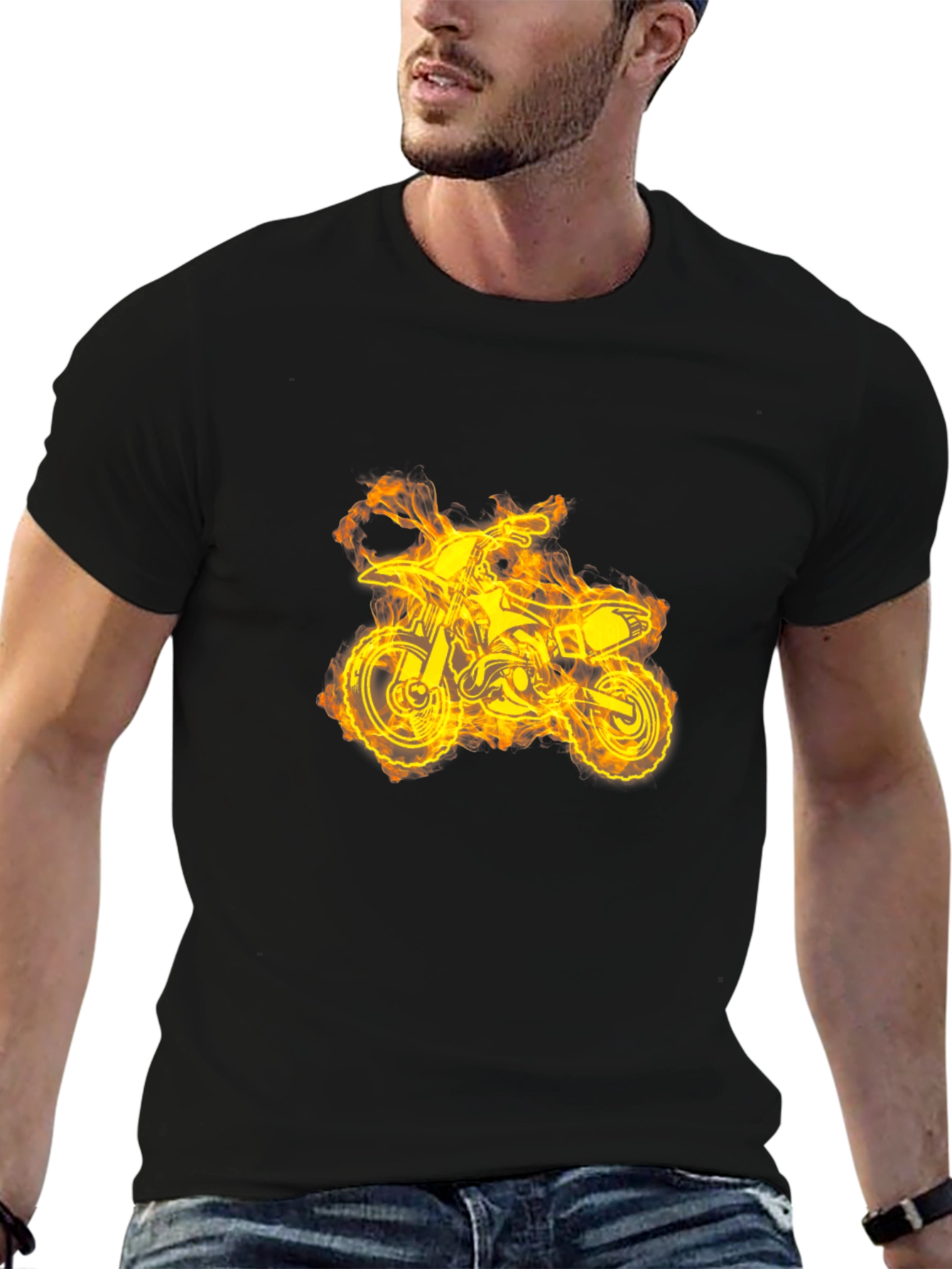 Fiery Dirt Bike Graphic Tee - Black Cotton T-Shirt