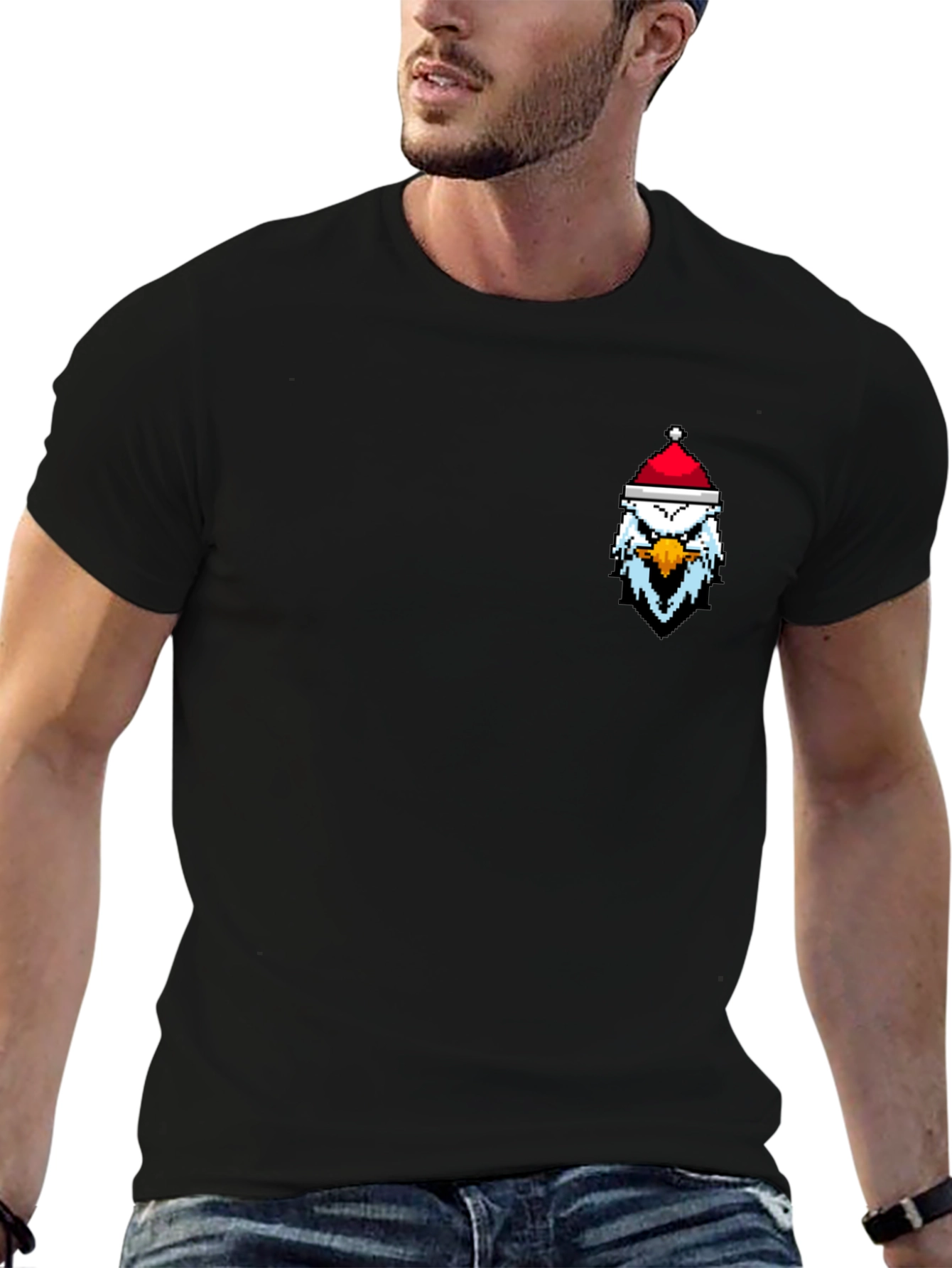 Pixel Eagle Santa Hat Black T-Shirt