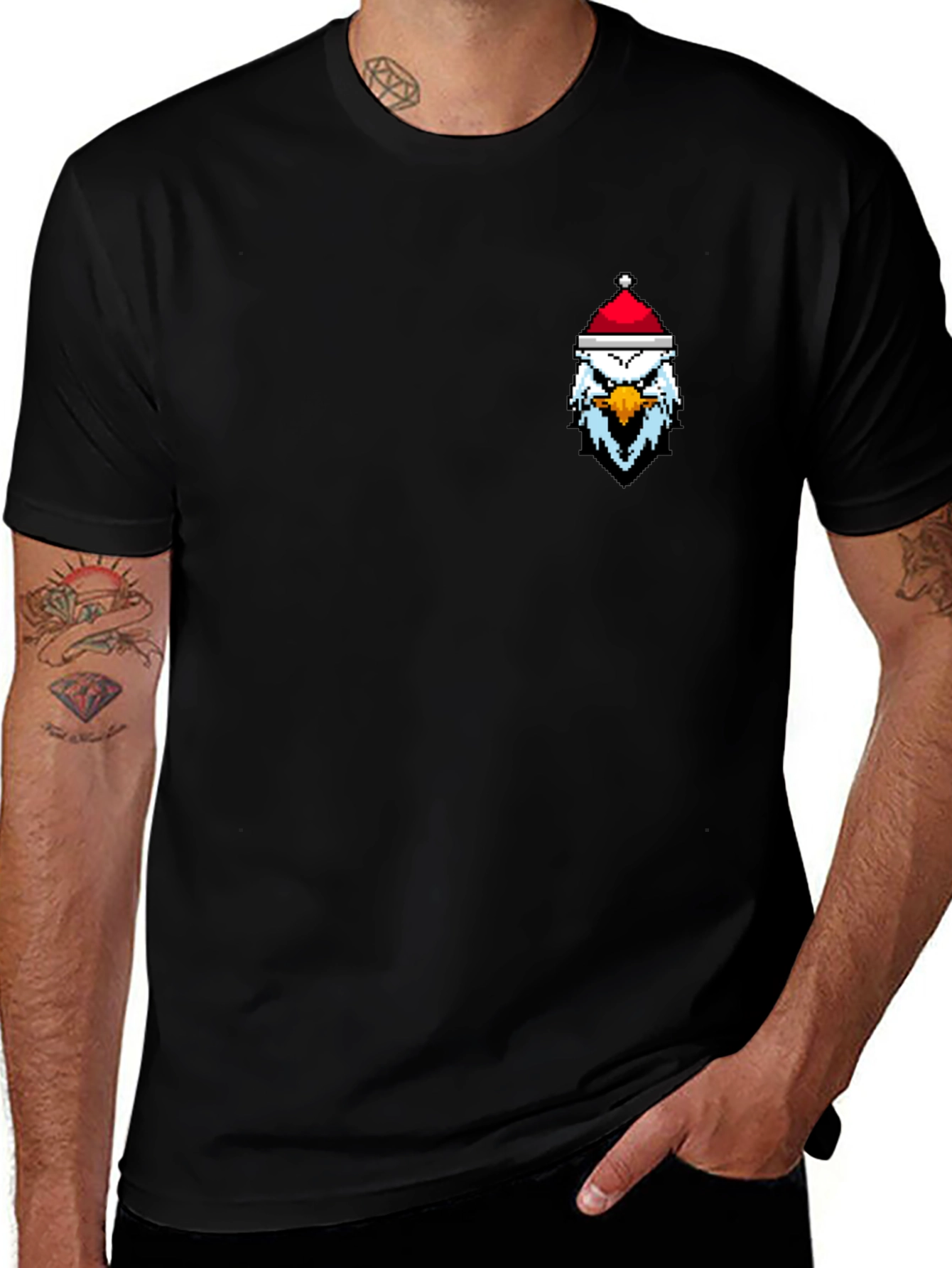 Pixel Eagle Santa Hat Black T-Shirt
