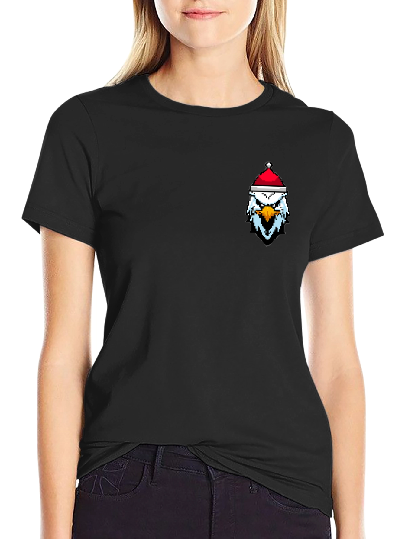 Pixel Eagle Santa Hat Black T-Shirt
