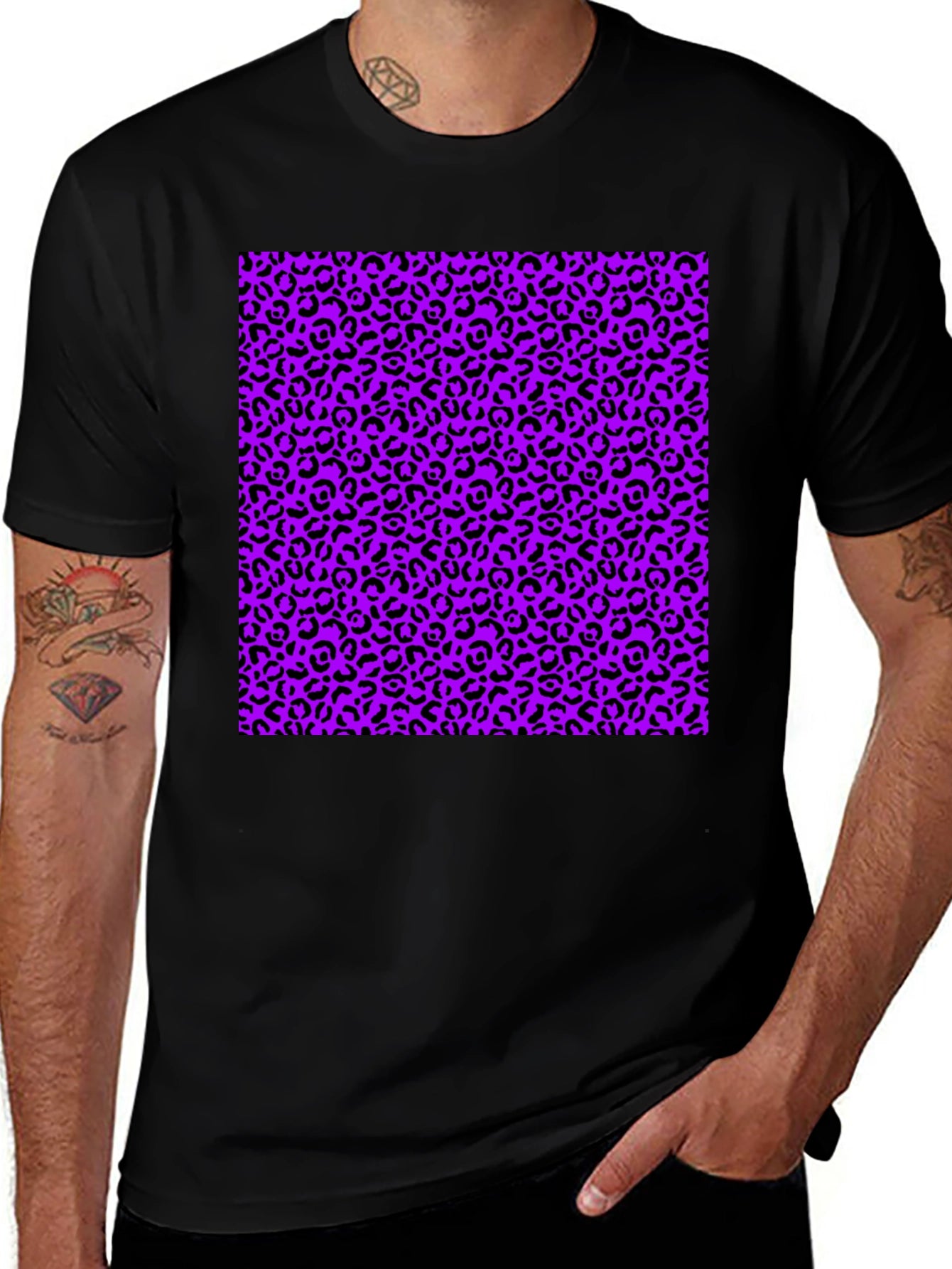 Black Tee with Purple Leopard Print Design