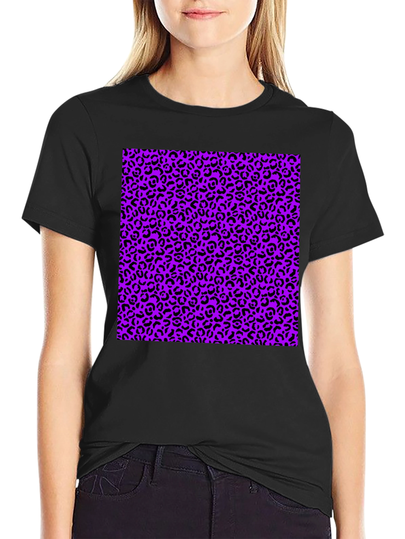Black Tee with Purple Leopard Print Design