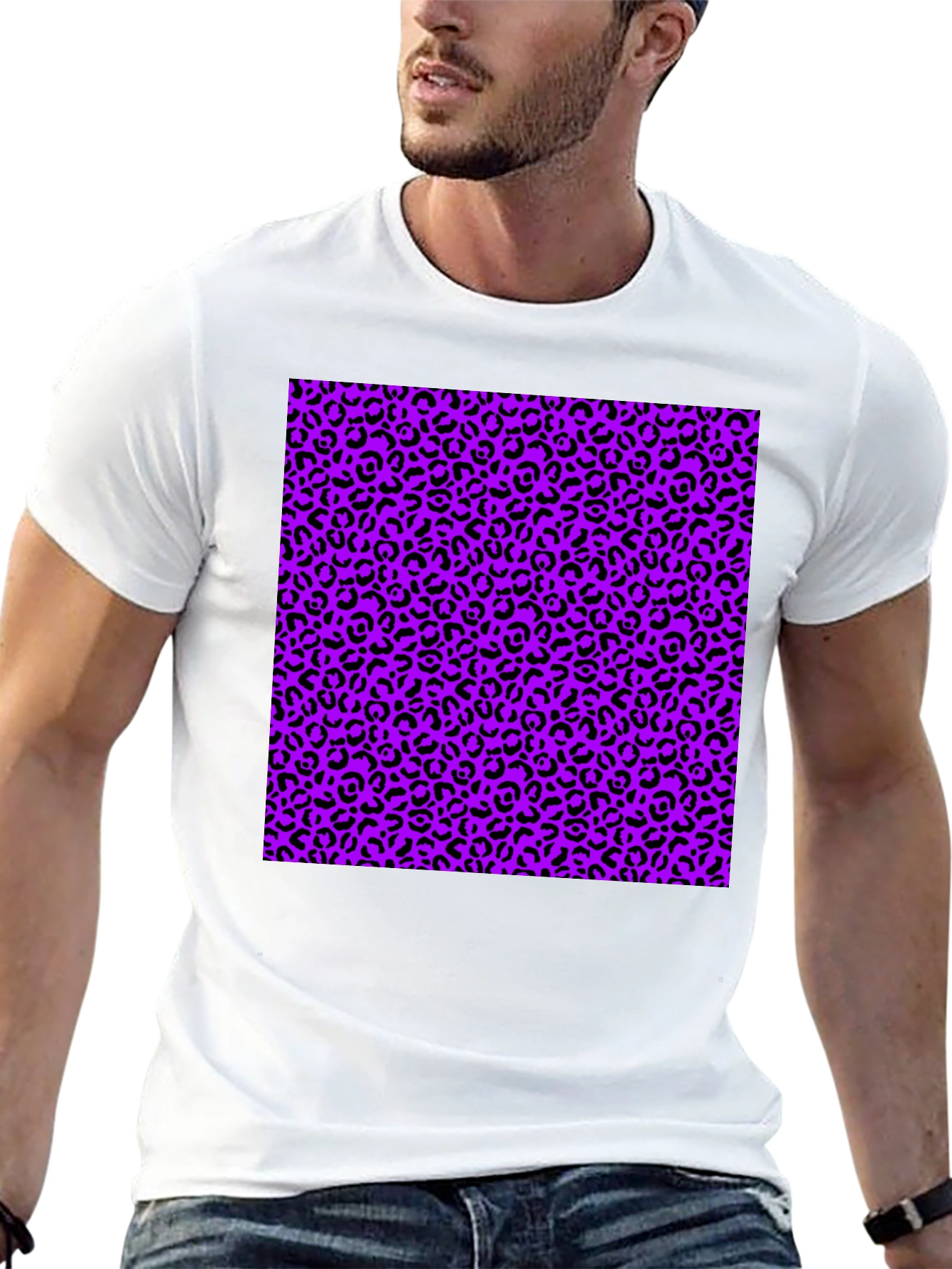 Black Tee with Purple Leopard Print Design