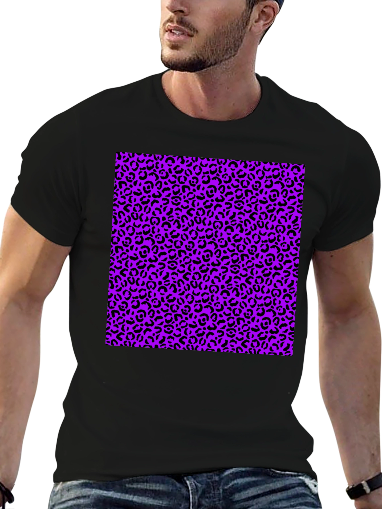 Black Tee with Purple Leopard Print Design