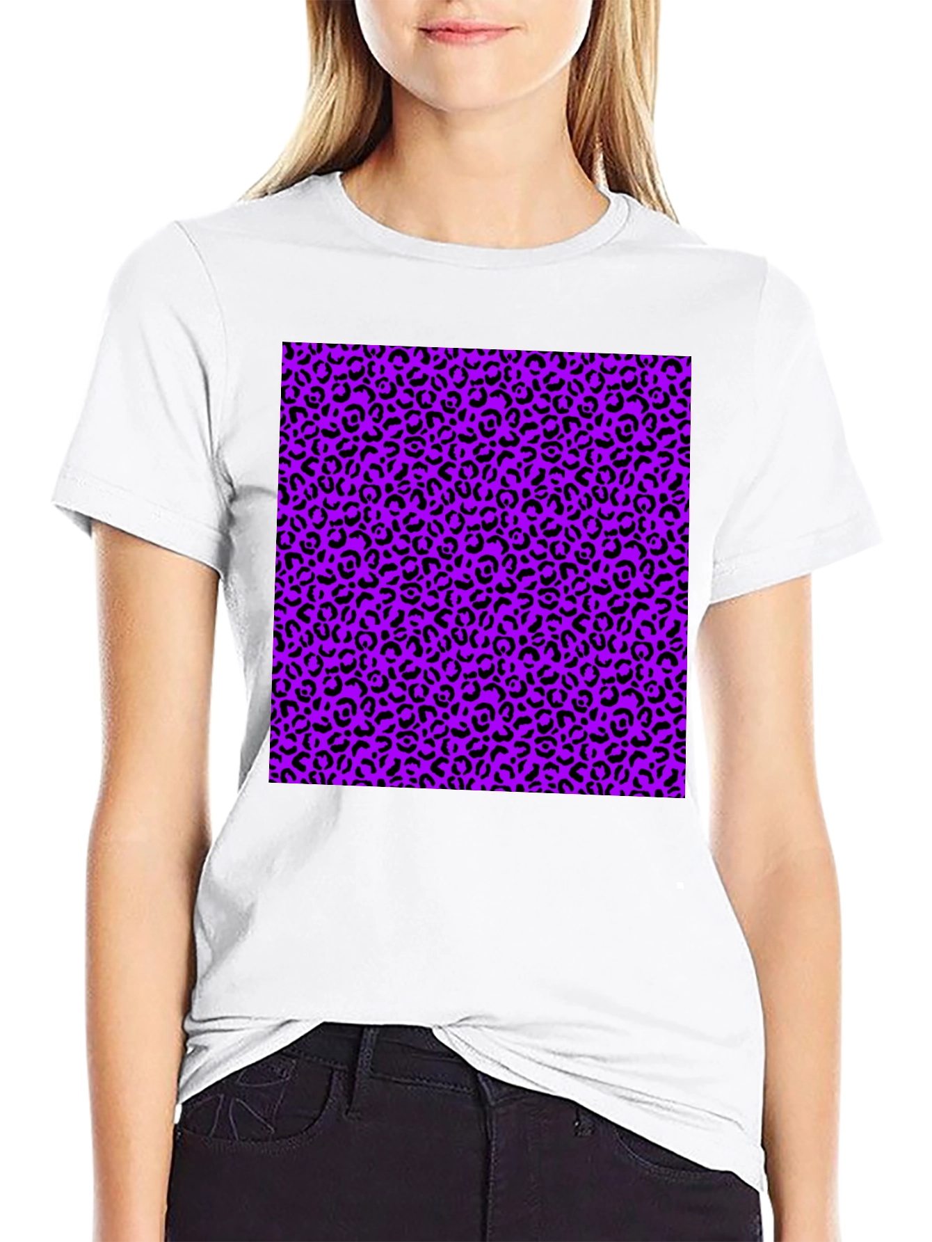 Black Tee with Purple Leopard Print Design