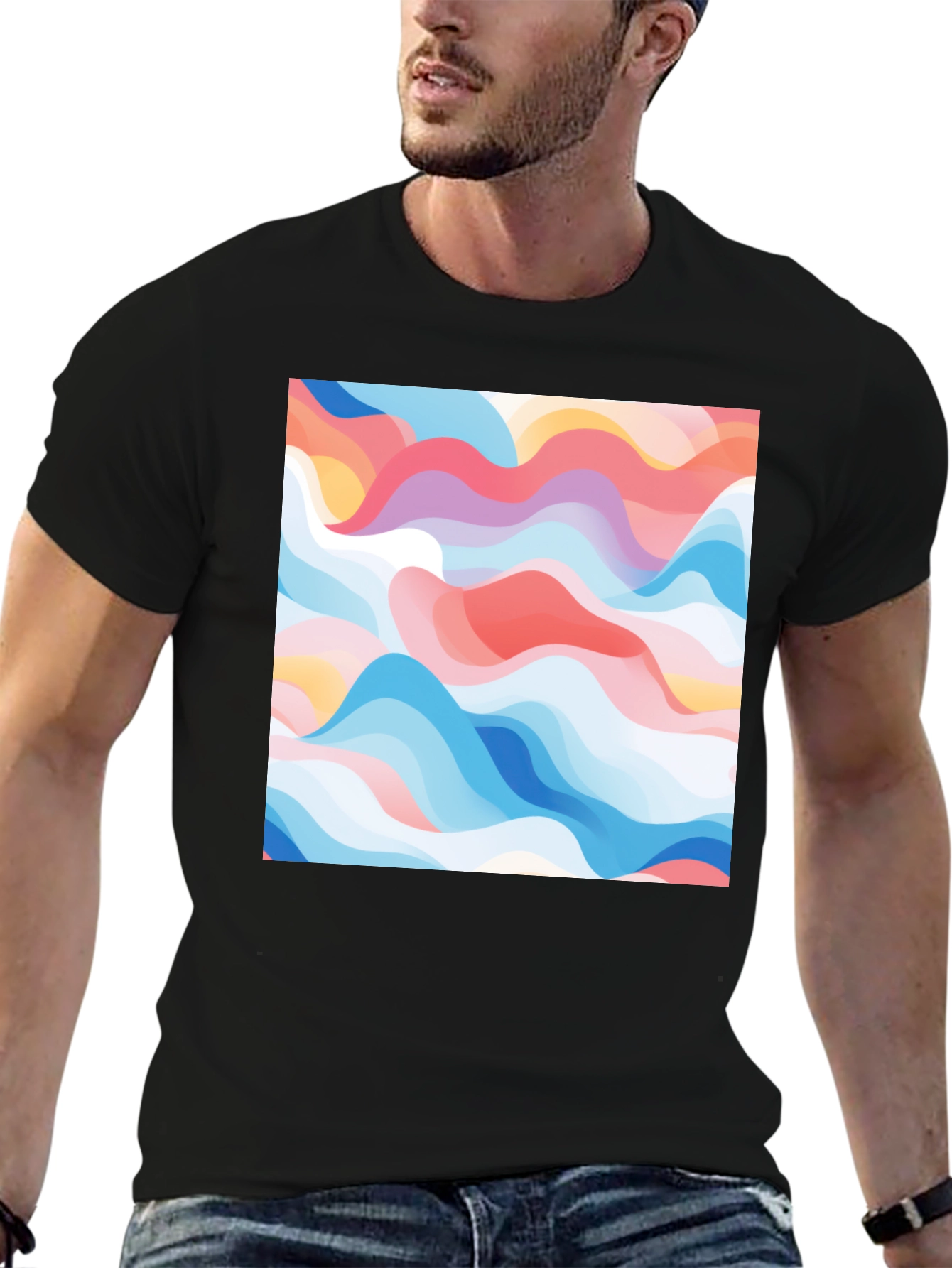 Abstract Wave Print Black Tee - Modern Art Shirt