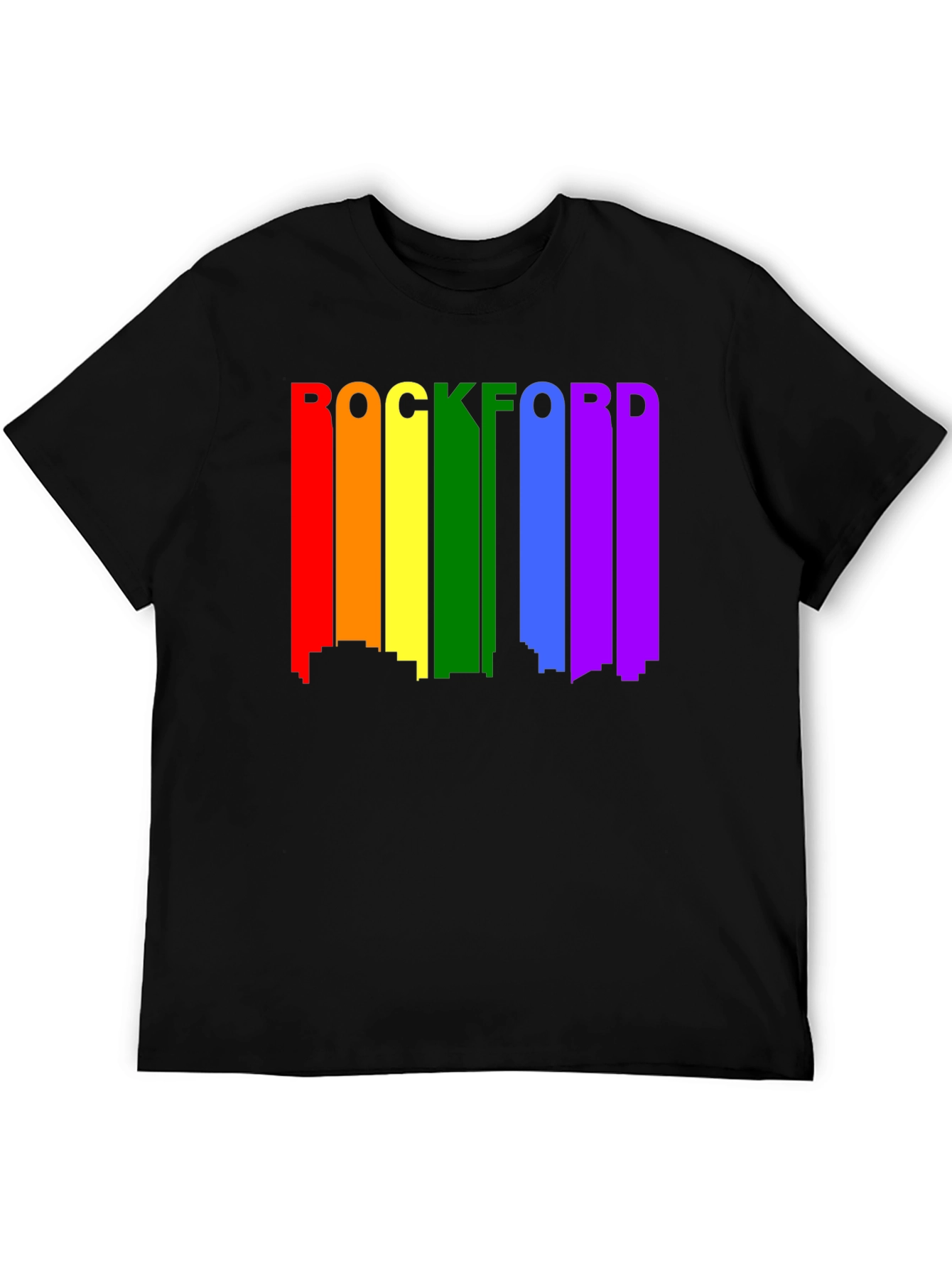 Rockford Pride T-Shirt - Cityscape Rainbow Design