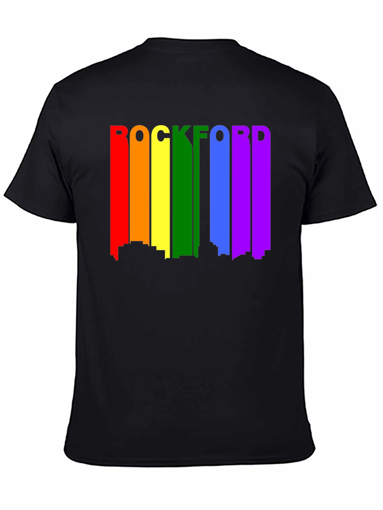 Rockford Pride T-Shirt - Cityscape Rainbow Design