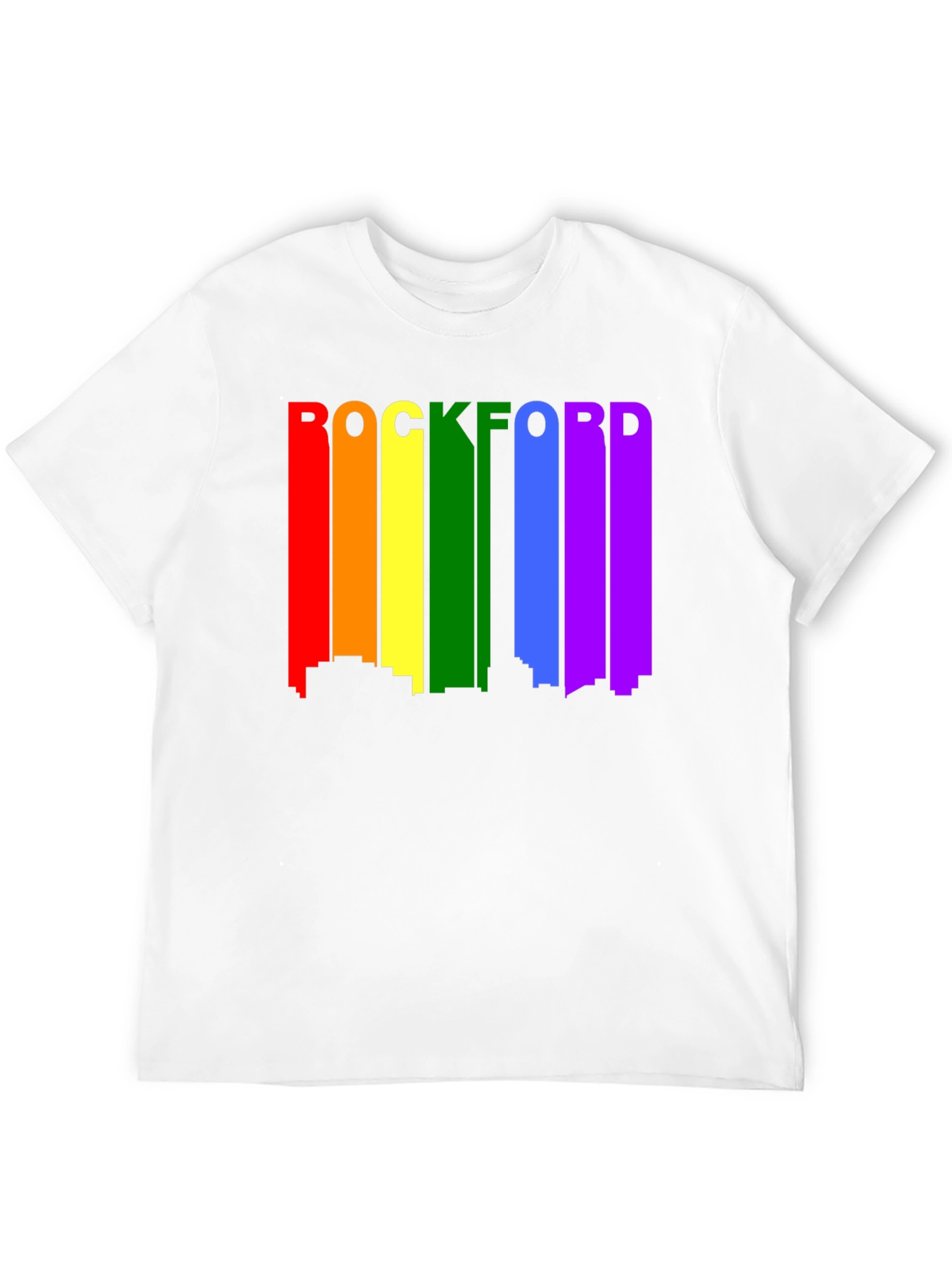 Rockford Pride T-Shirt - Cityscape Rainbow Design