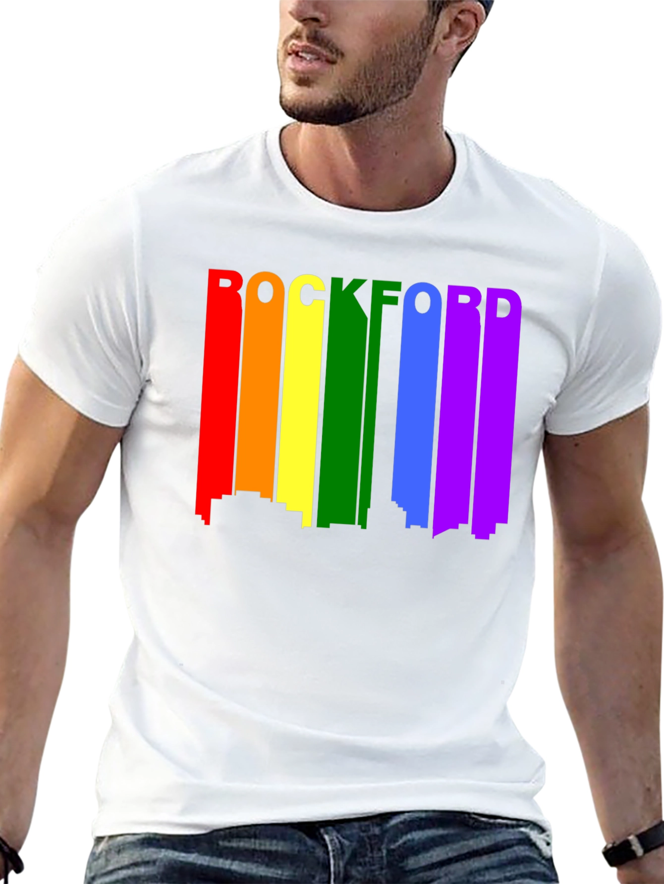 Rockford Pride T-Shirt - Cityscape Rainbow Design