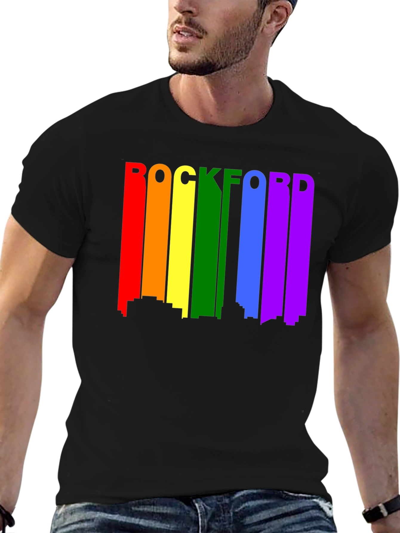 Rockford Pride T-Shirt - Cityscape Rainbow Design