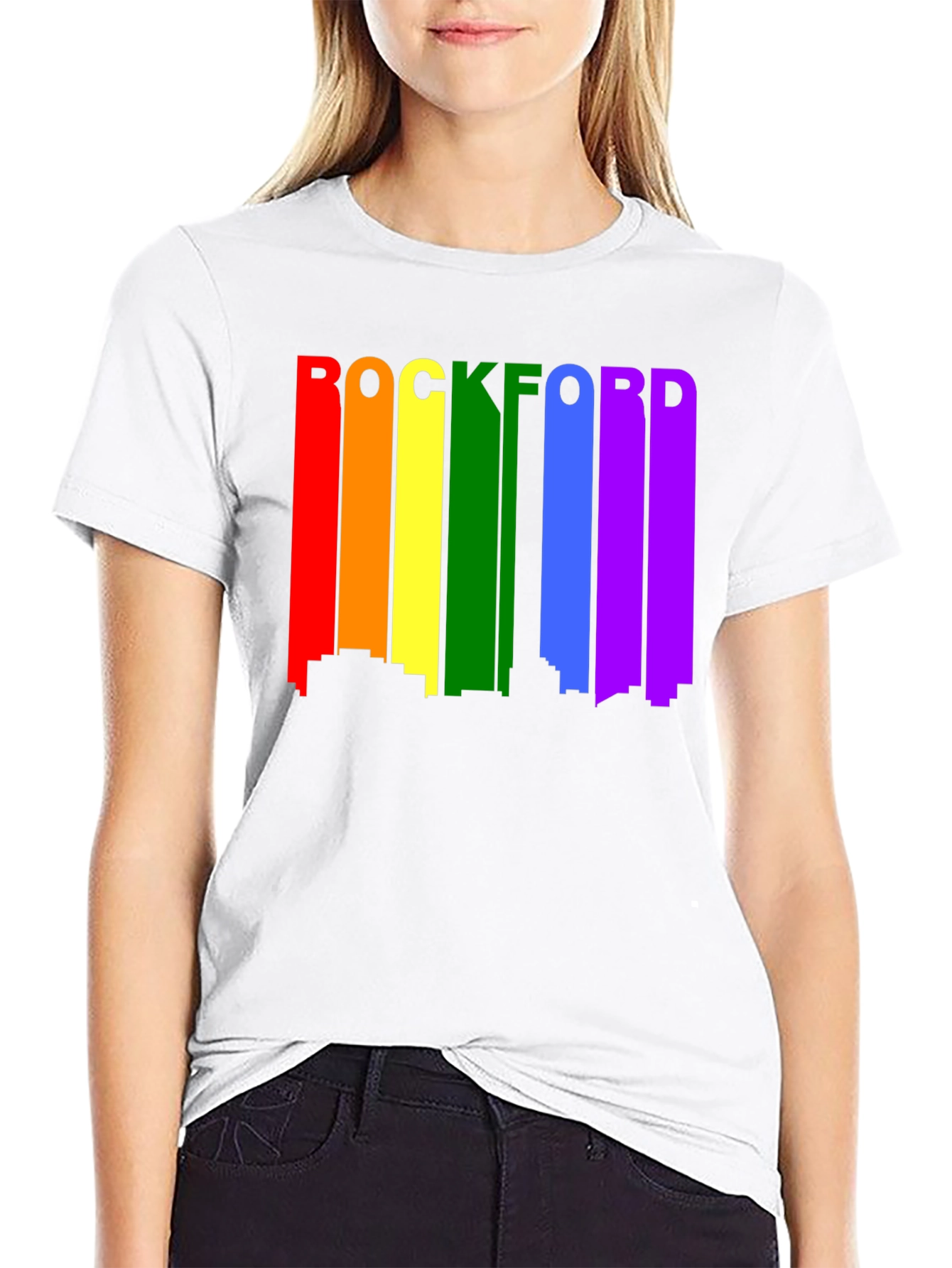 Rockford Pride T-Shirt - Cityscape Rainbow Design