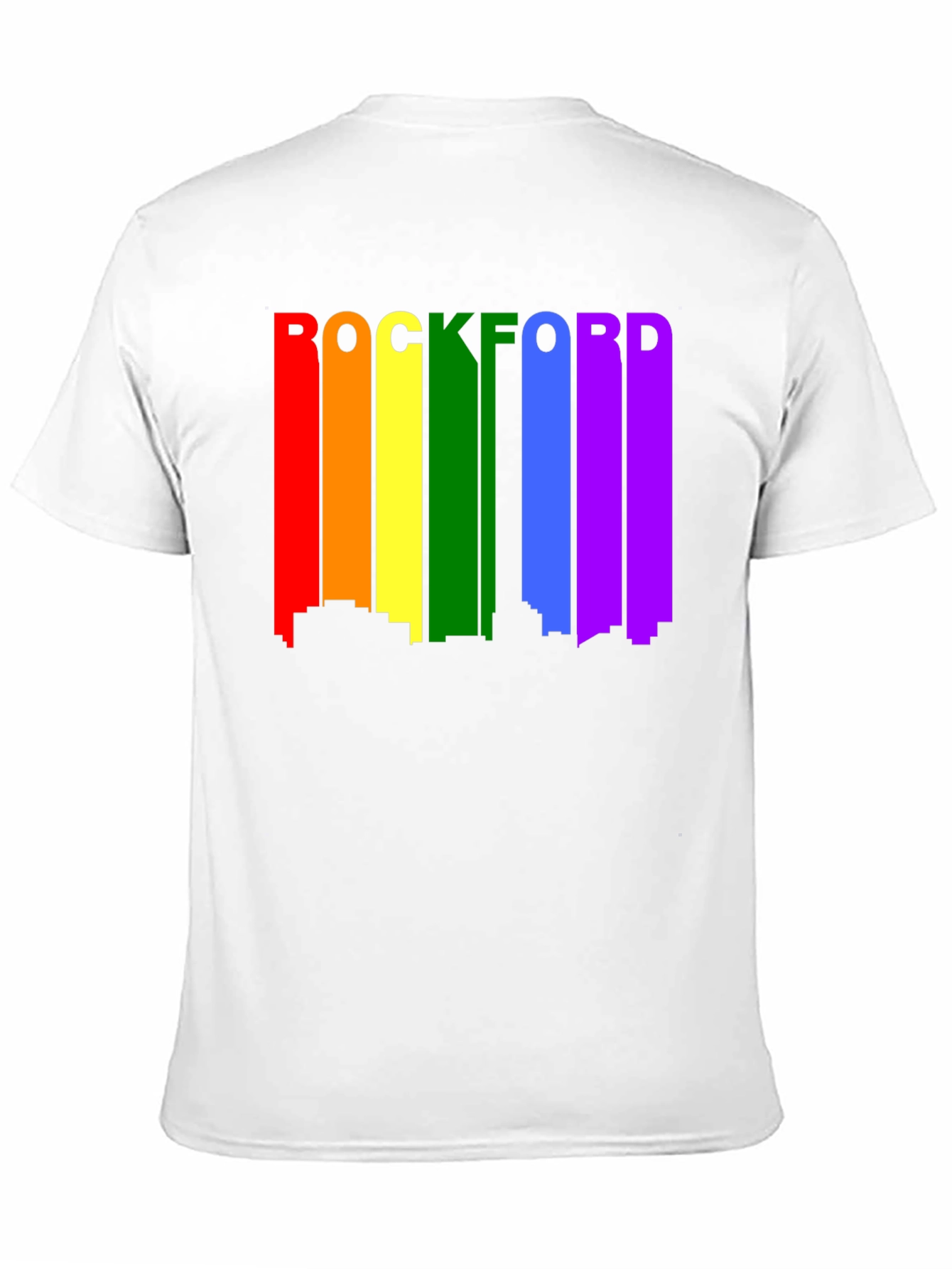 Rockford Pride T-Shirt - Cityscape Rainbow Design
