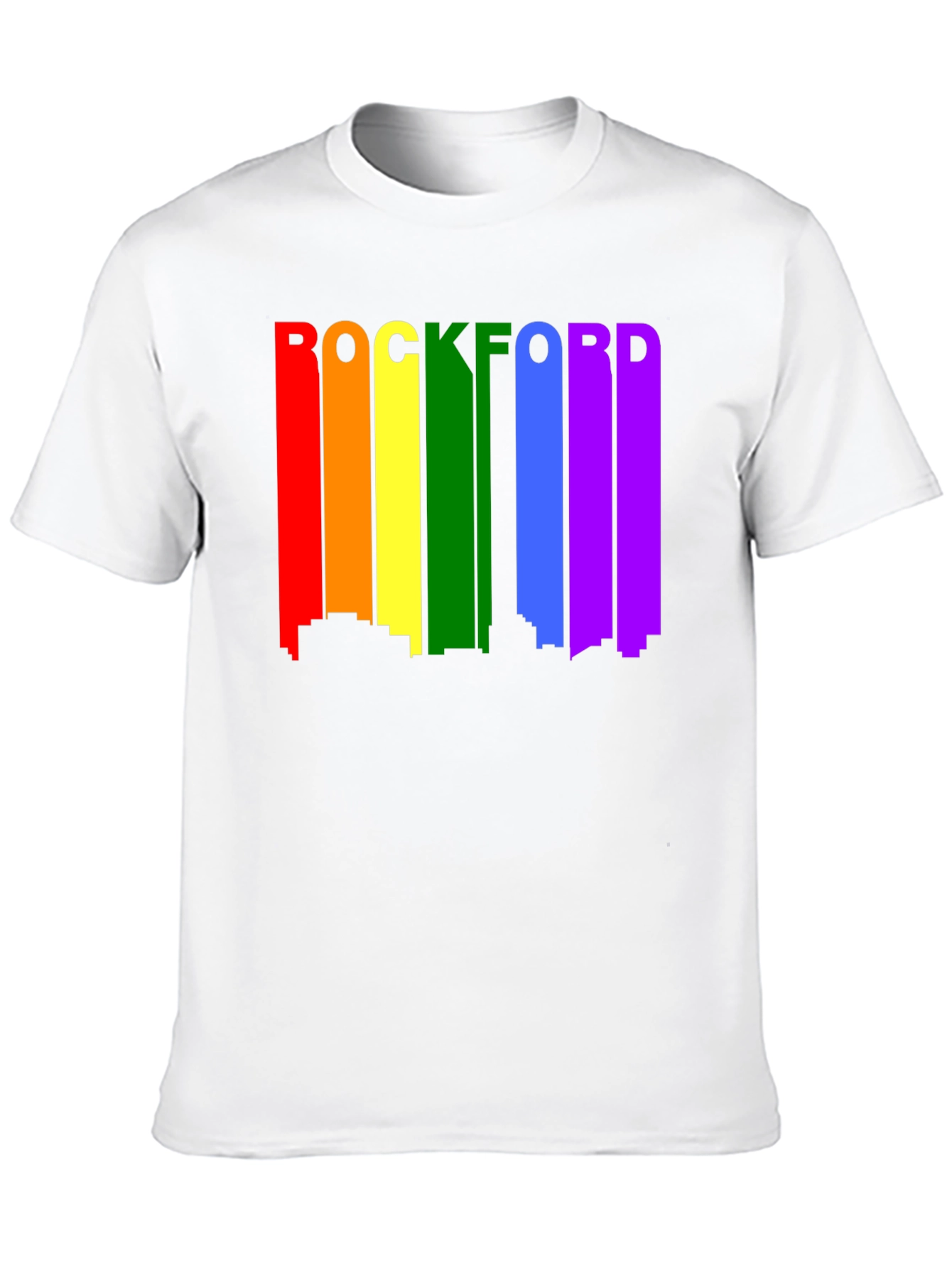 Rockford Pride T-Shirt - Cityscape Rainbow Design