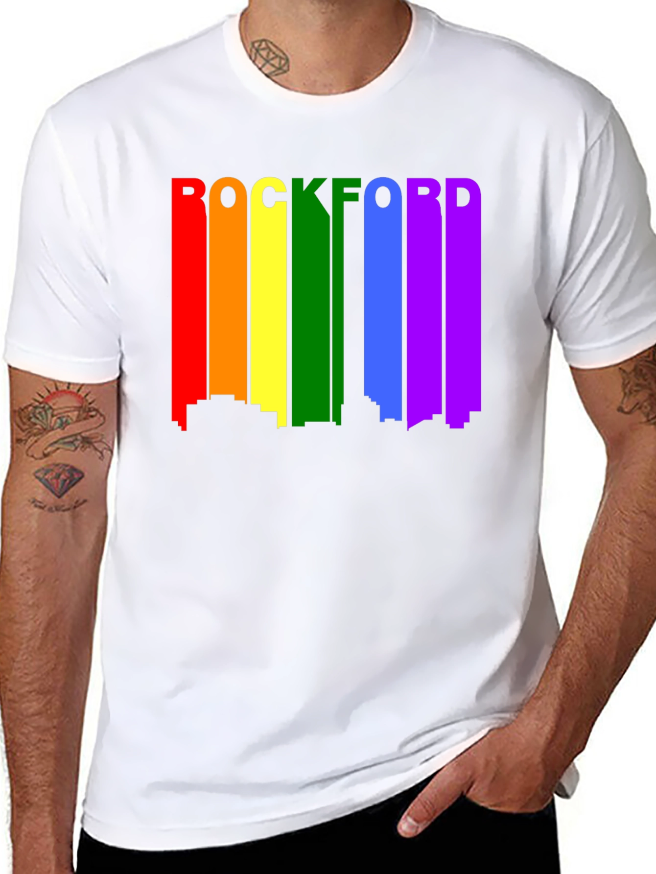 Rockford Pride T-Shirt - Cityscape Rainbow Design