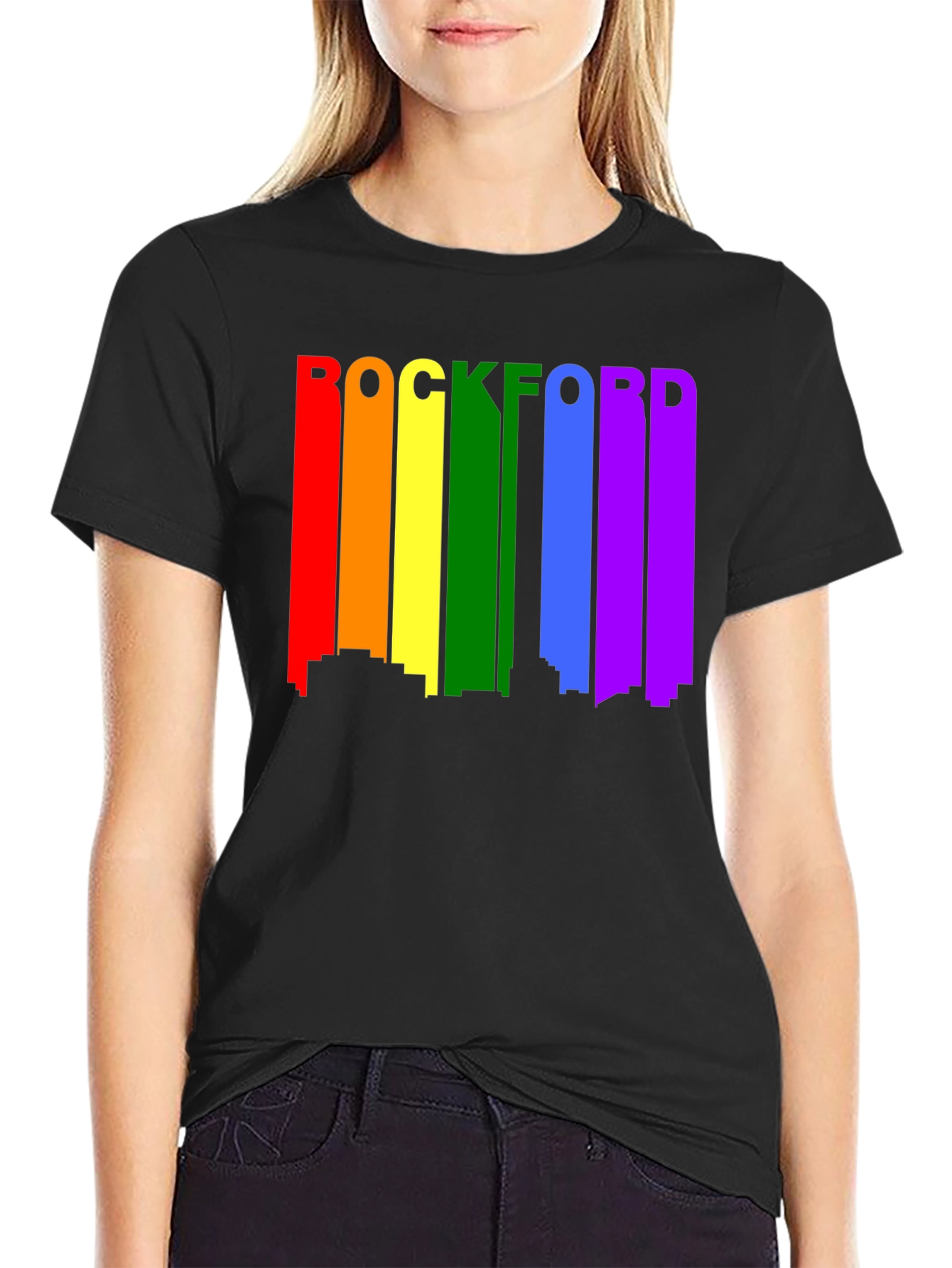 Rockford Pride T-Shirt - Cityscape Rainbow Design