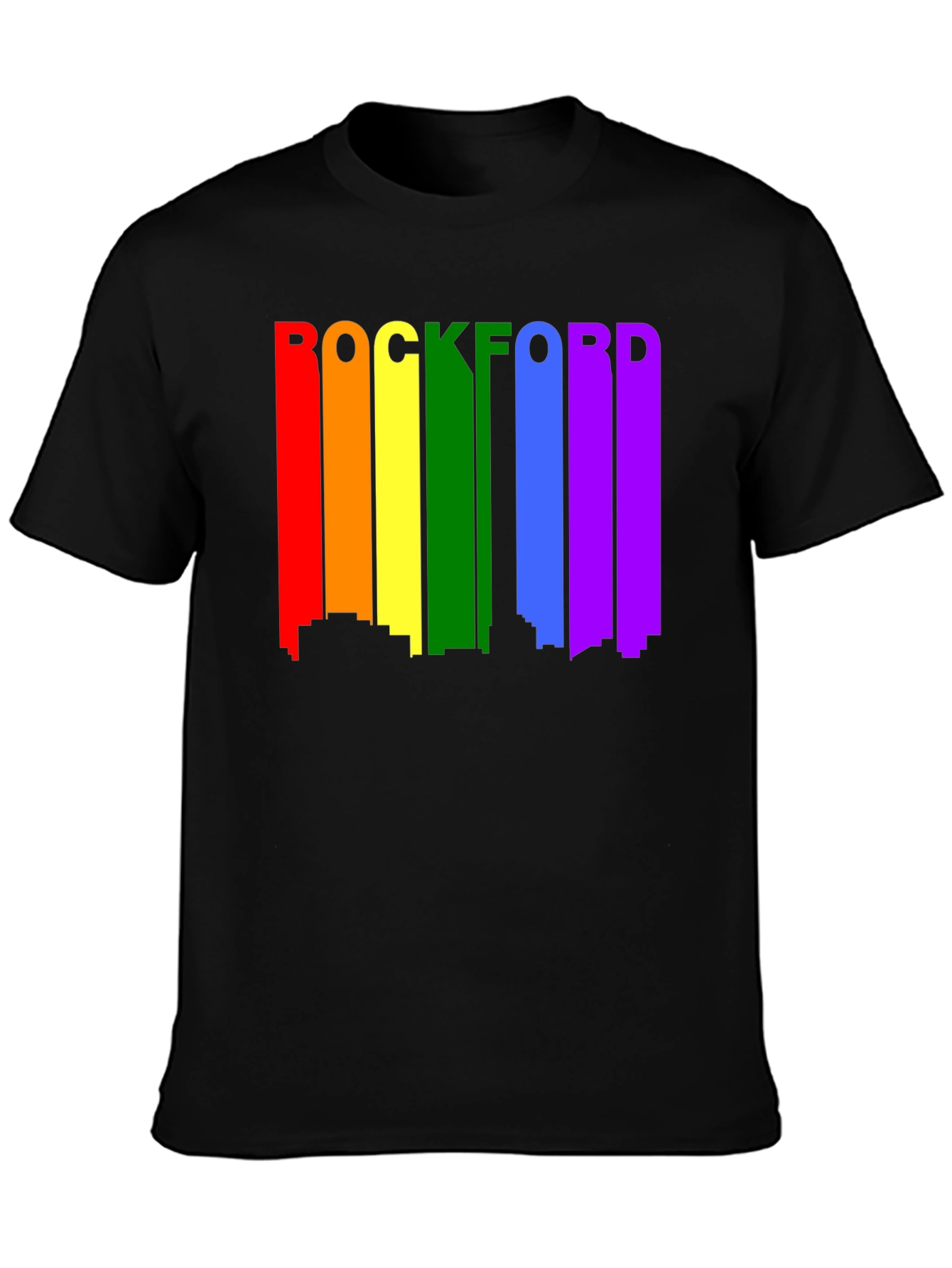 Rockford Pride T-Shirt - Cityscape Rainbow Design