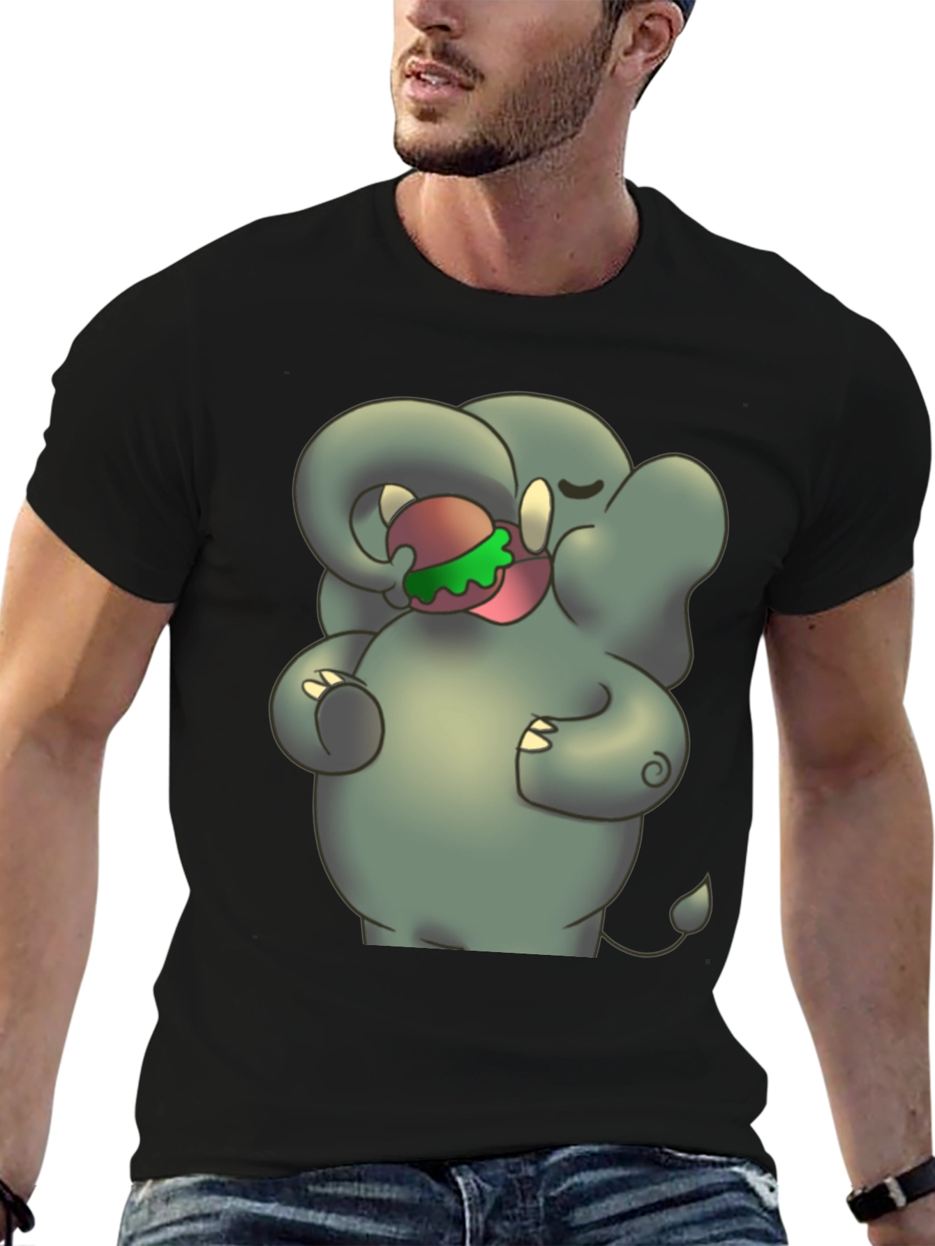 Elephant Eating Burger Graphic Tee - Unisex Black T-Shirt