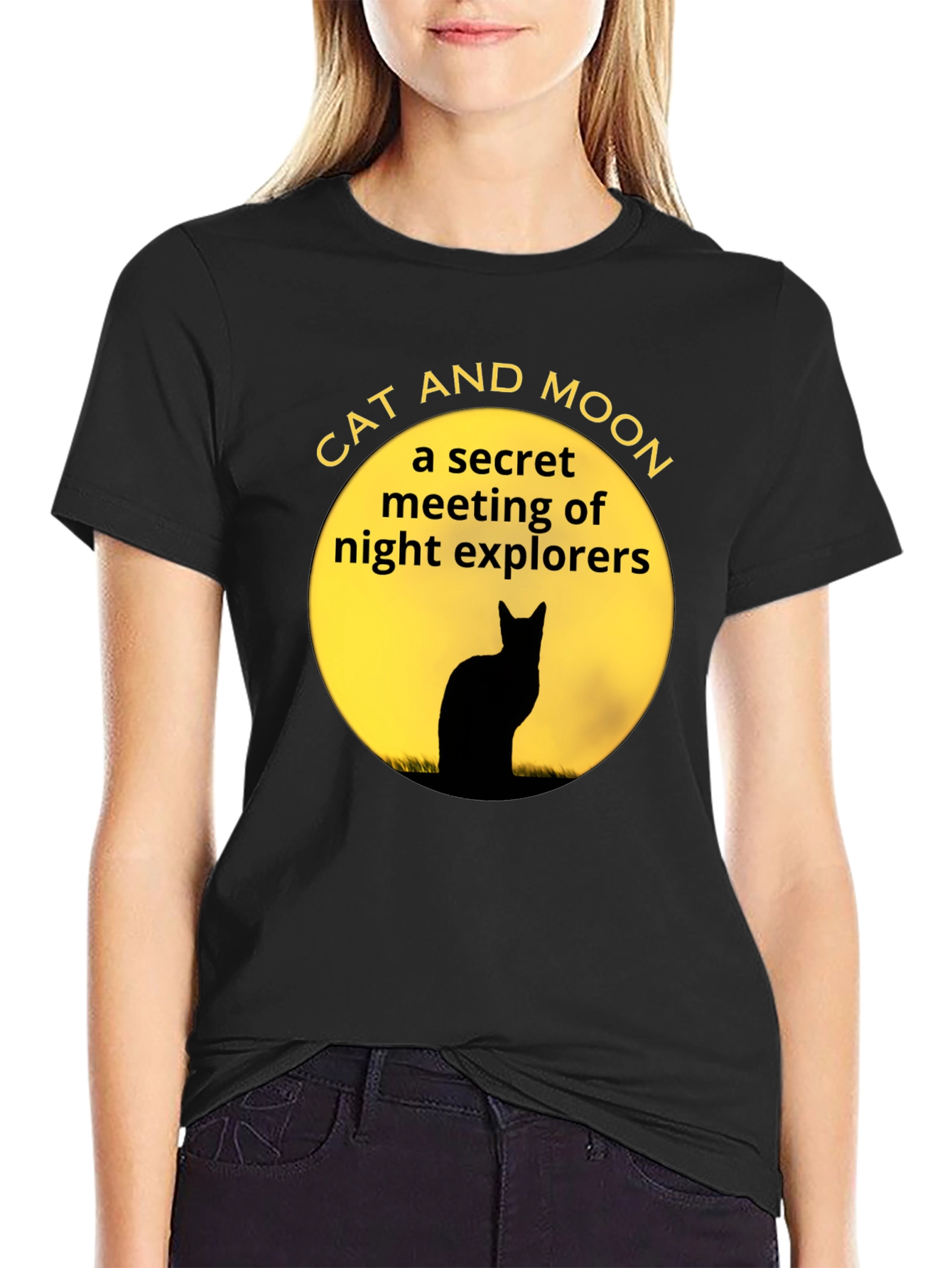 Cat and Moon Black T-Shirt Secret Night Explorers