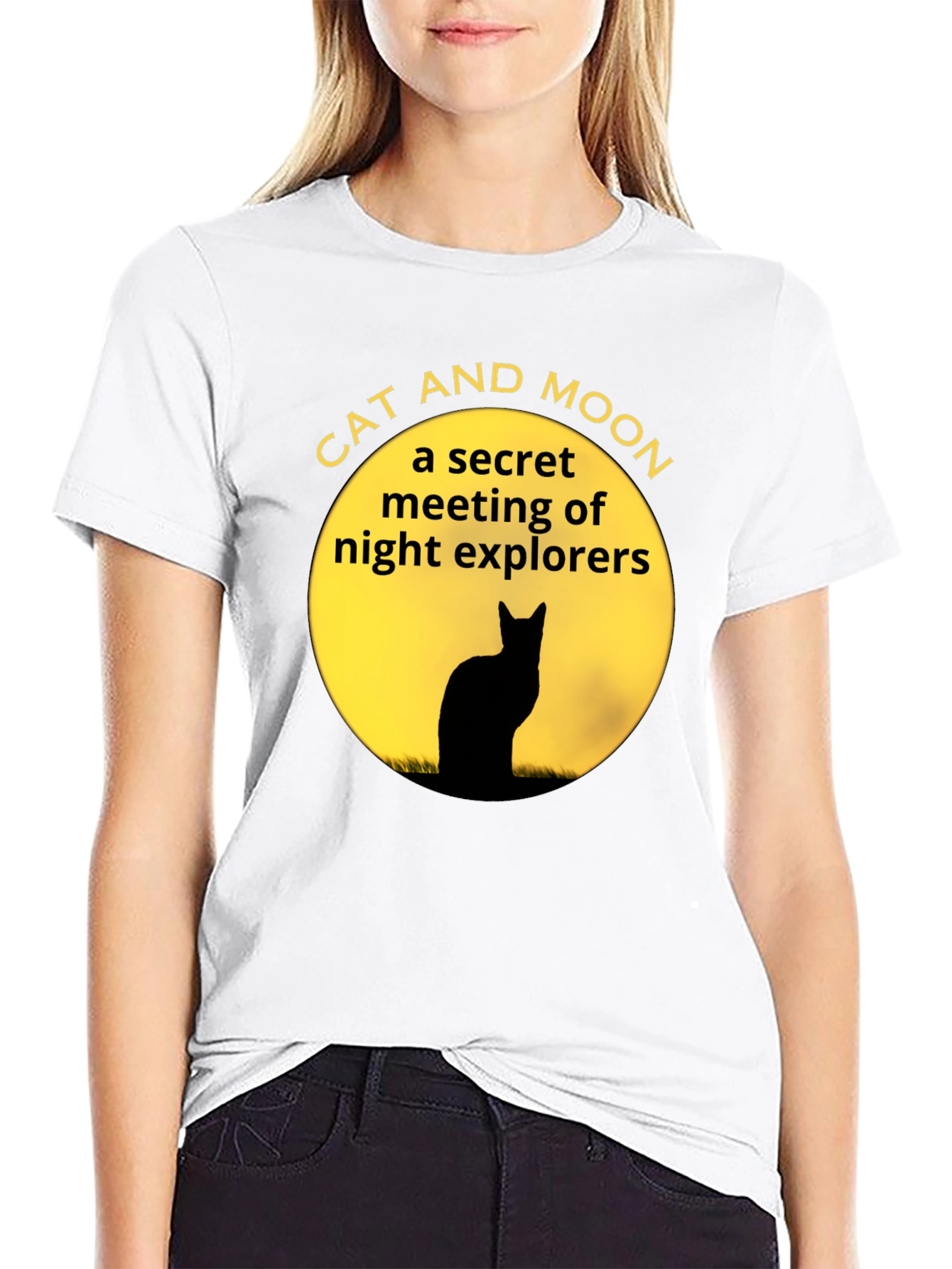 Cat and Moon Black T-Shirt Secret Night Explorers