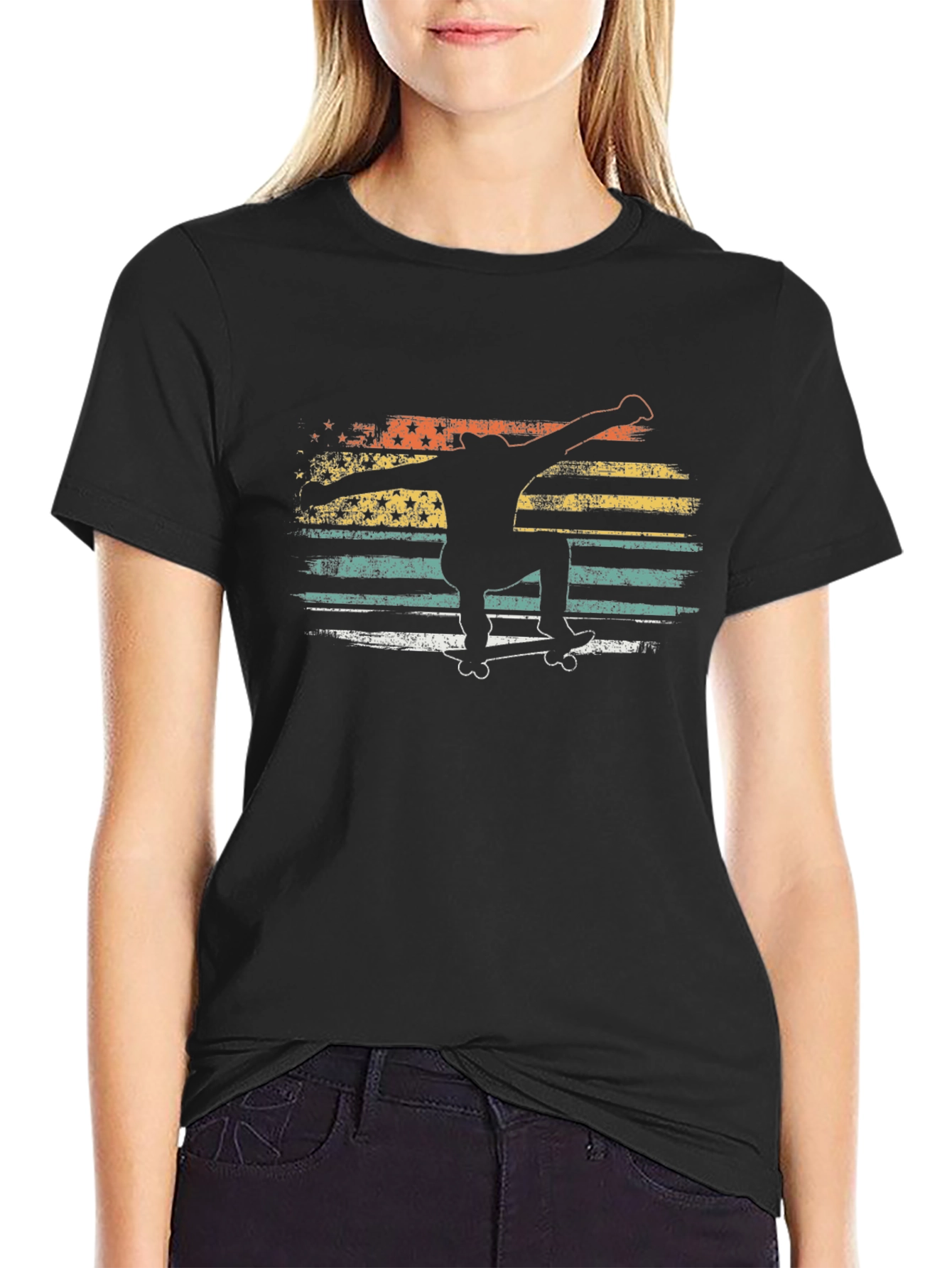 Retro Skateboarder Graphic Tee - Black Cotton Blend