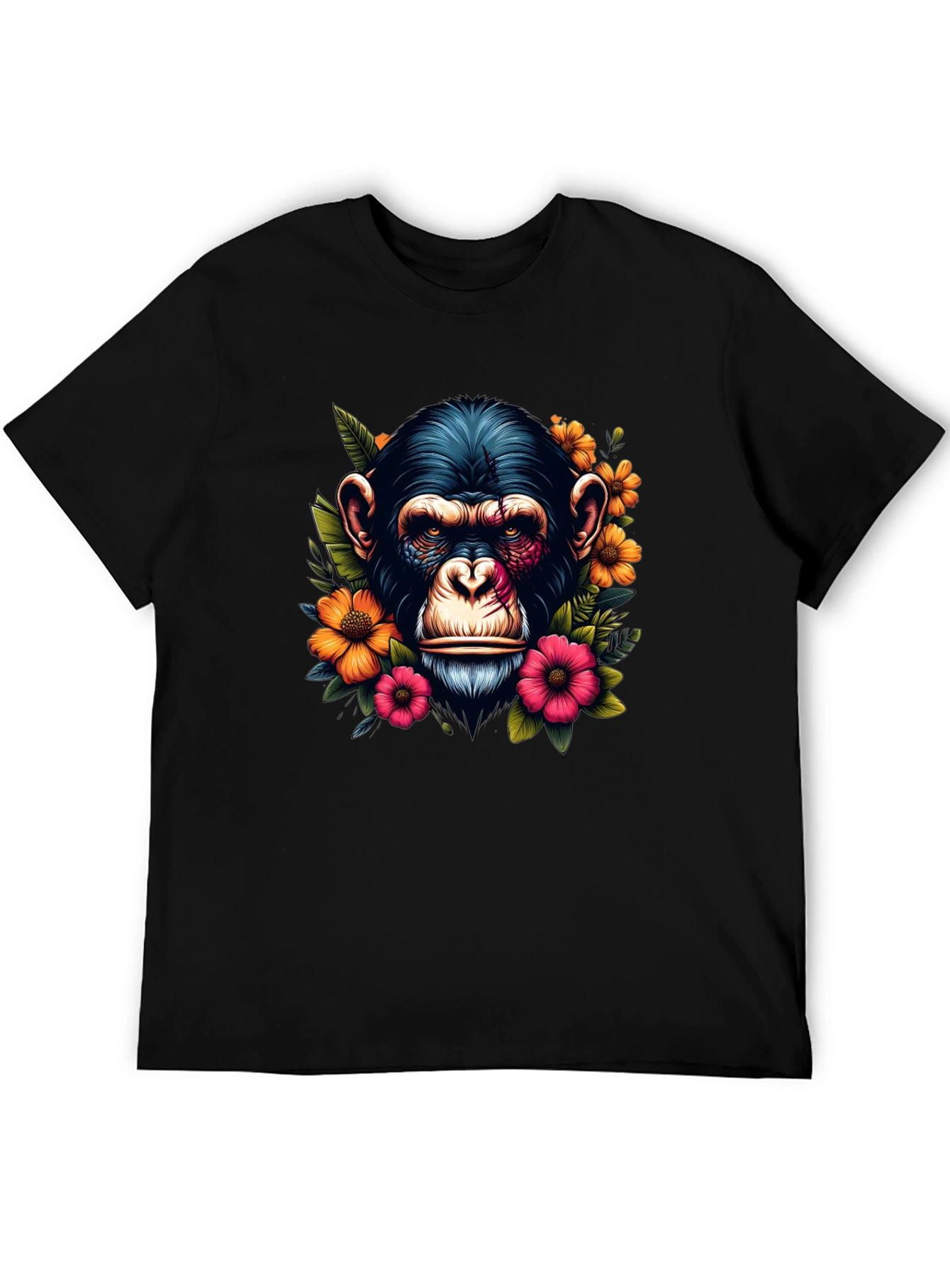 Chimpanzee Floral Print Black T-Shirt
