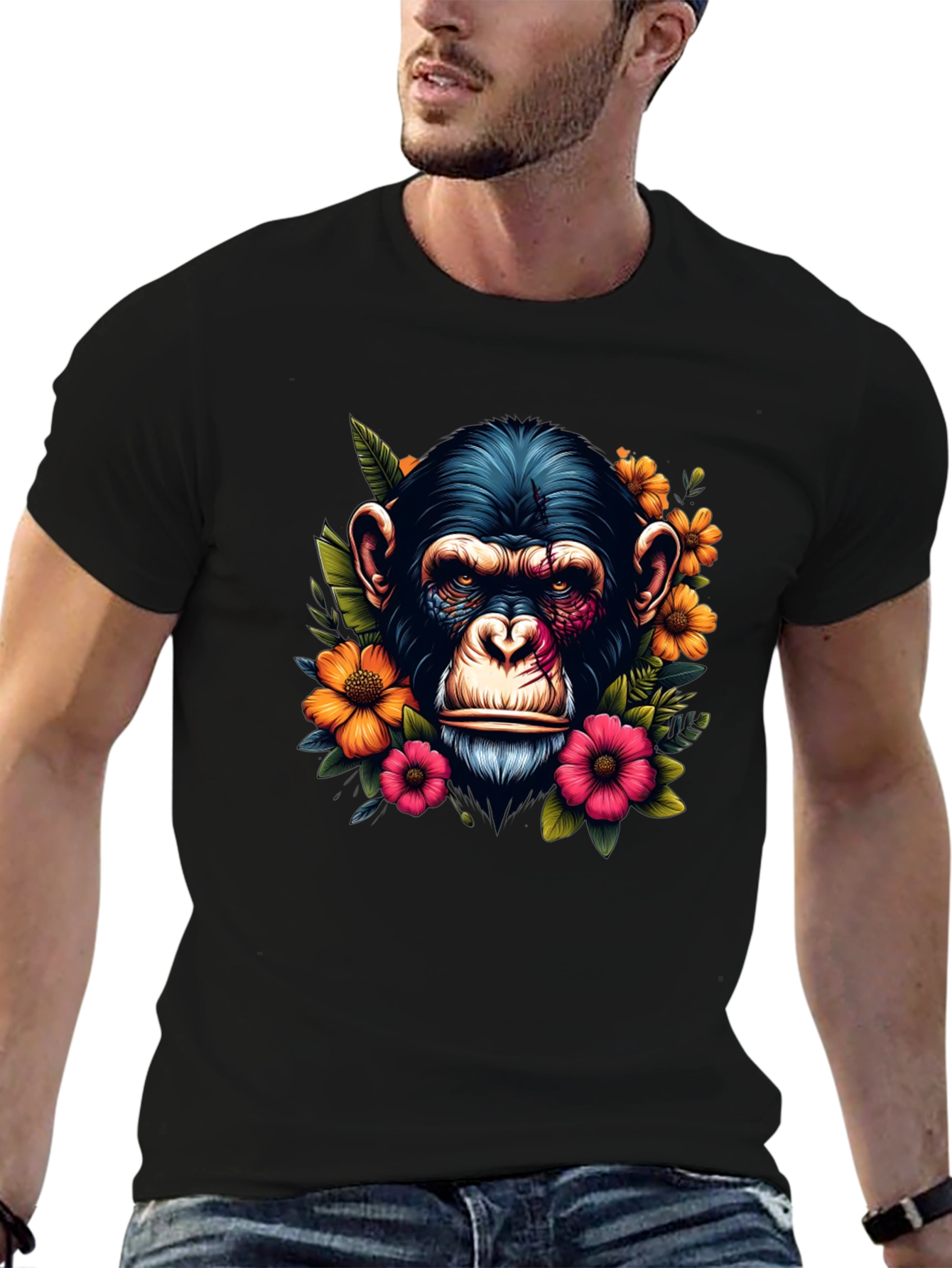 Chimpanzee Floral Print Black T-Shirt